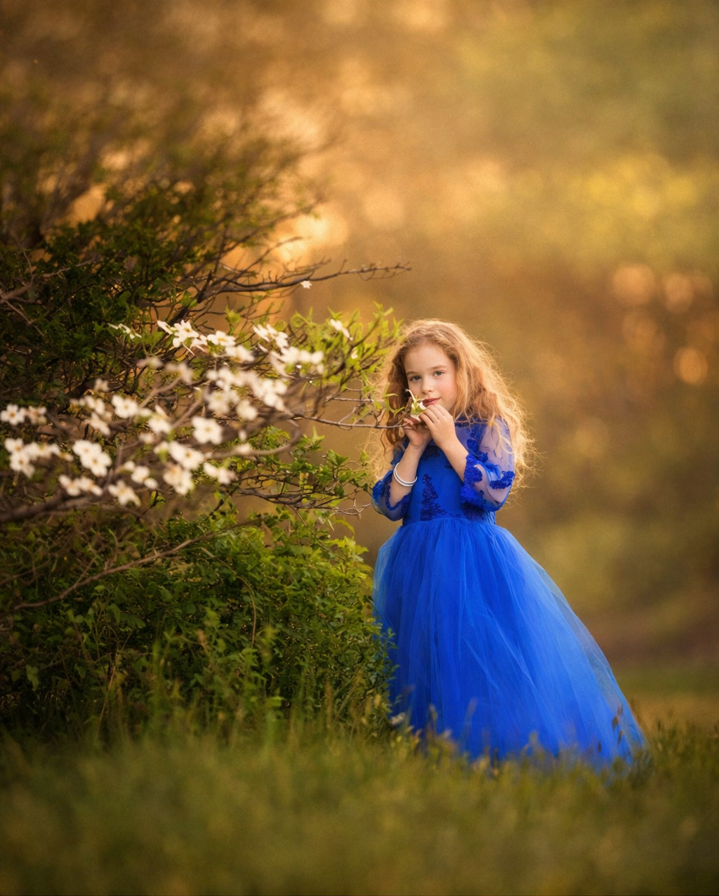 A young girl in a blue dress photographed in soft natural light, creating a timeless fine art children’s portrait with gentle movement and a calm, natural feel.