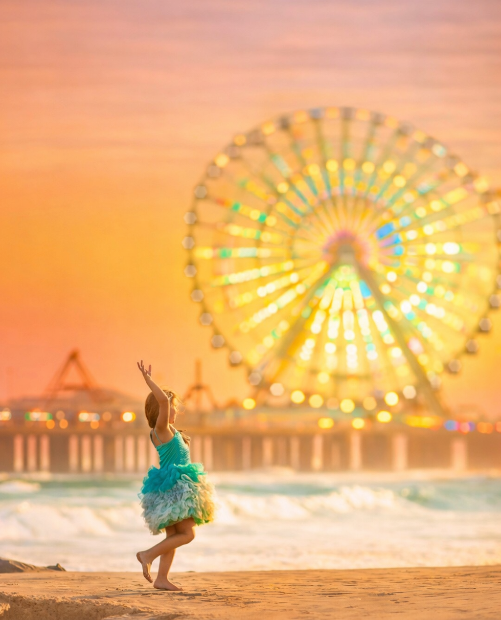 A joyful child twirls along the shoreline as the Atlantic City Ferris wheel glows behind her, capturing the playful magic of a summer evening at the Jersey Shore