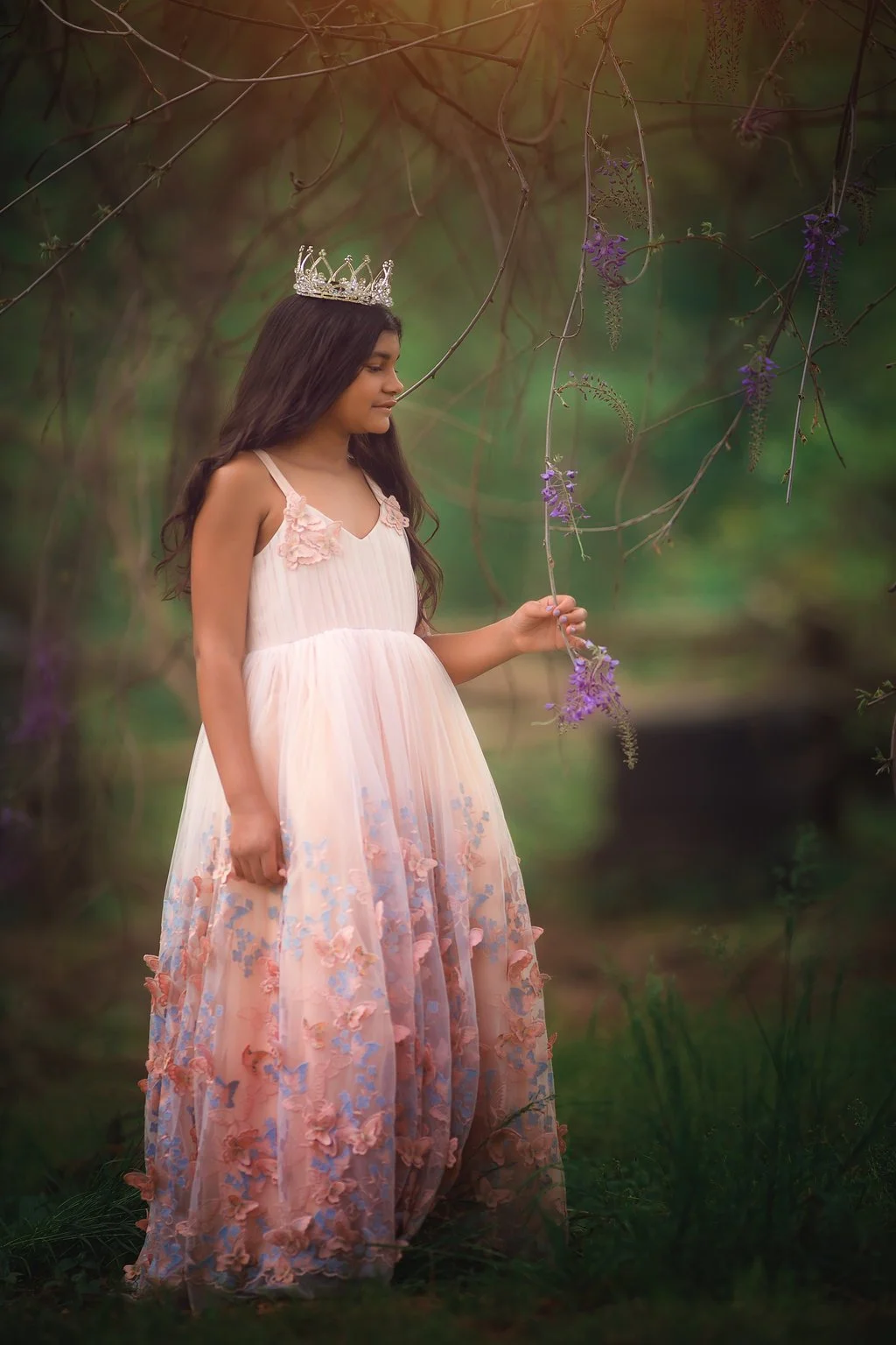 Birthday girl in a butterfly gown and crown during a children’s portrait session in Mullica Hill NJ captured by a New Jersey photographer.