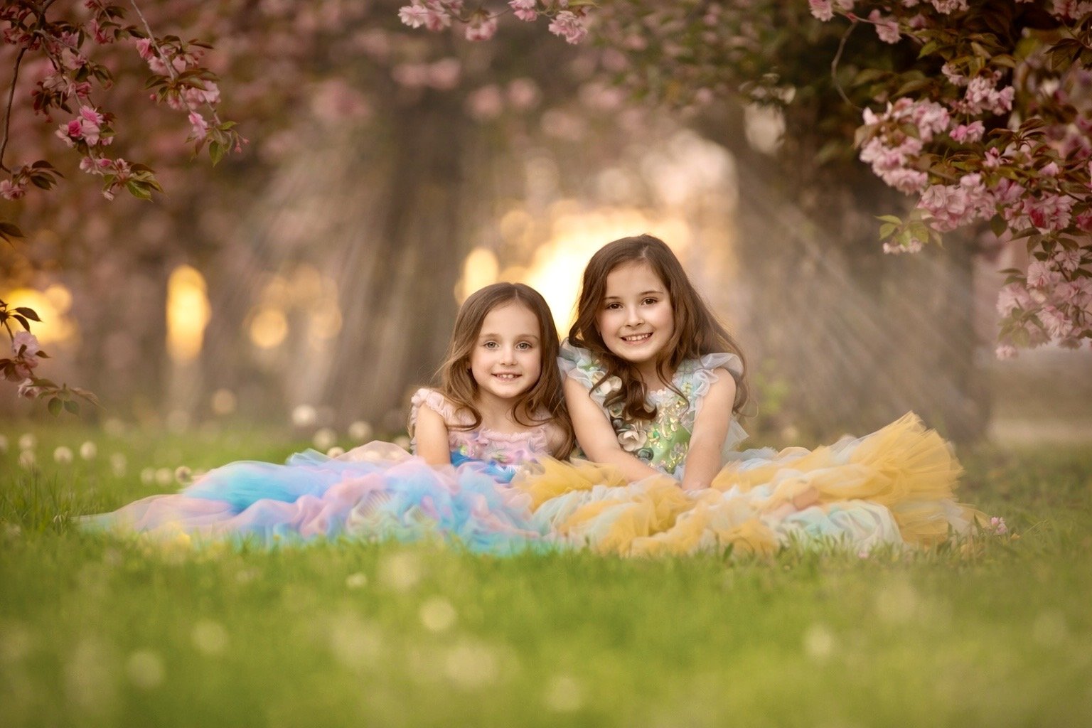 Two sisters sitting and smiling for the camera under cherry blossoms in Cherry Hill, New Jersey.