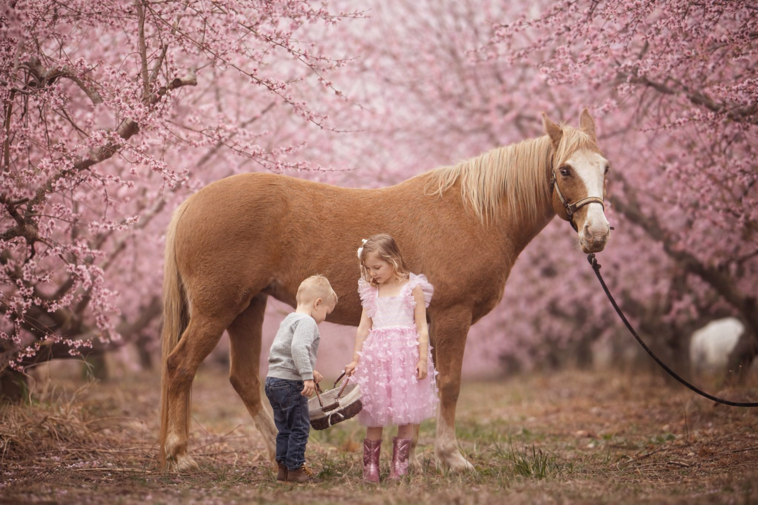 Children sharing a quiet moment during a spring family portrait session in New Jersey surrounded by blooming peach blossoms