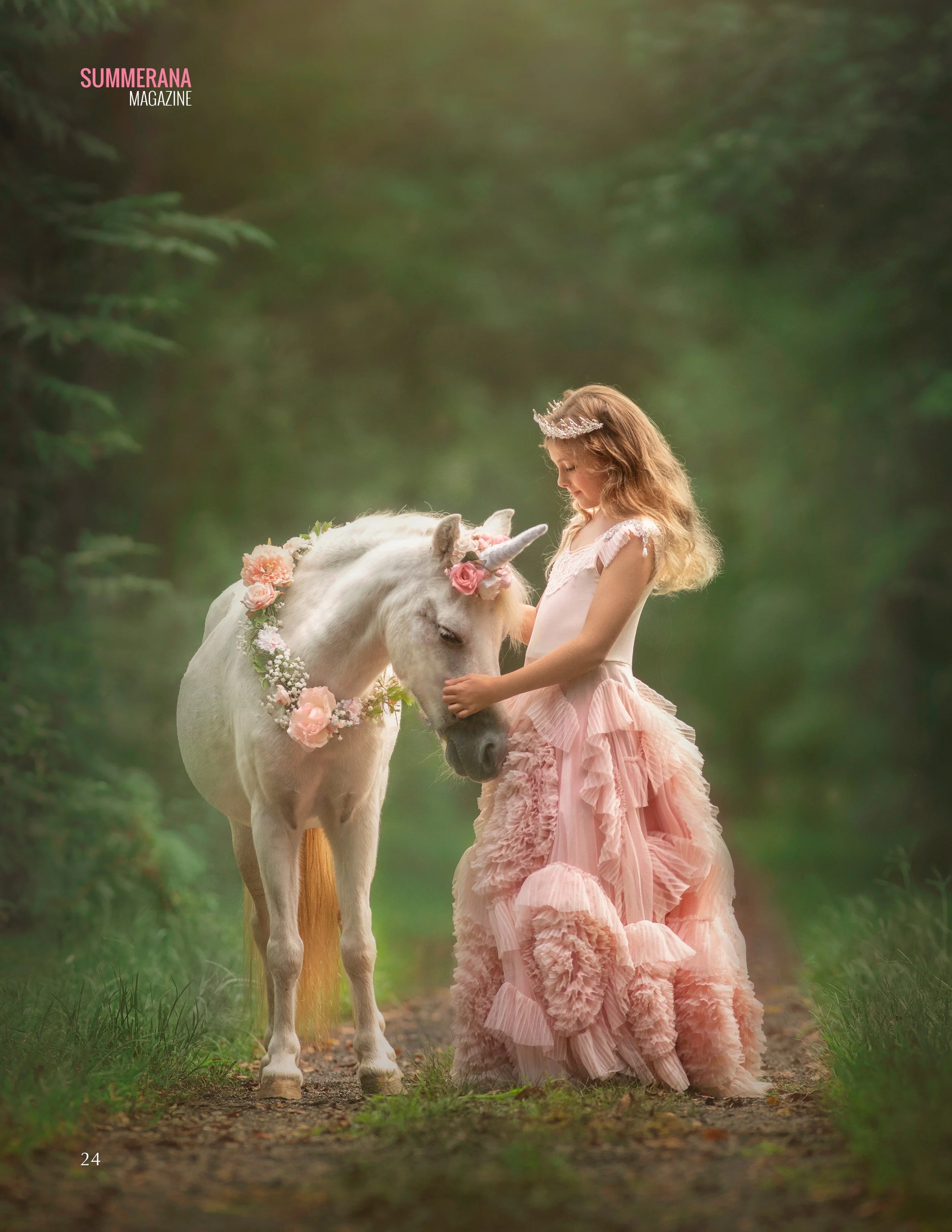 A young girl in a soft pink ruffled gown gently connects with a real unicorn during a fine art unicorn portrait session in a peaceful New Jersey setting. 