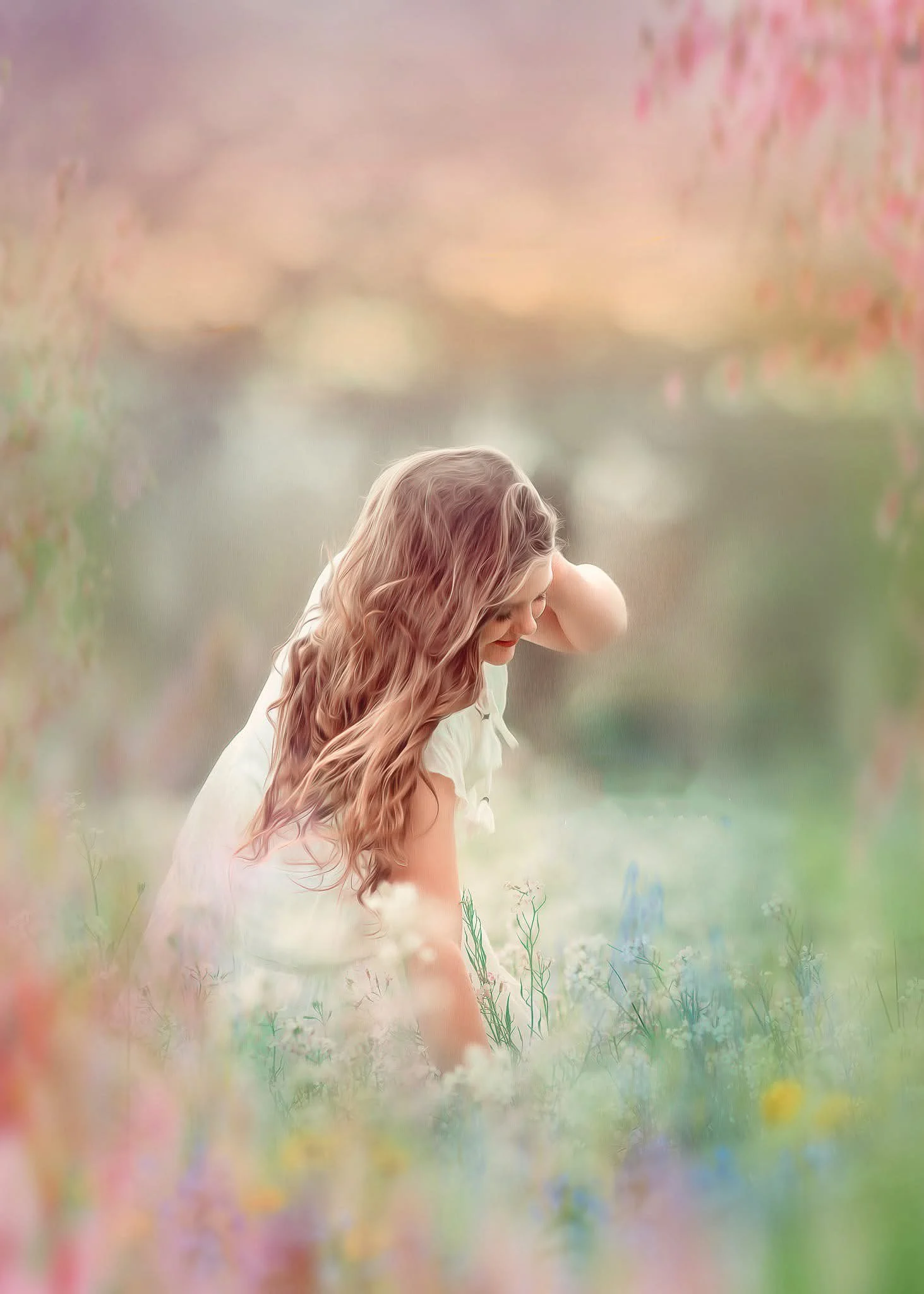 Young girl picking spring wildflowers during a golden hour portrait session in South Jersey