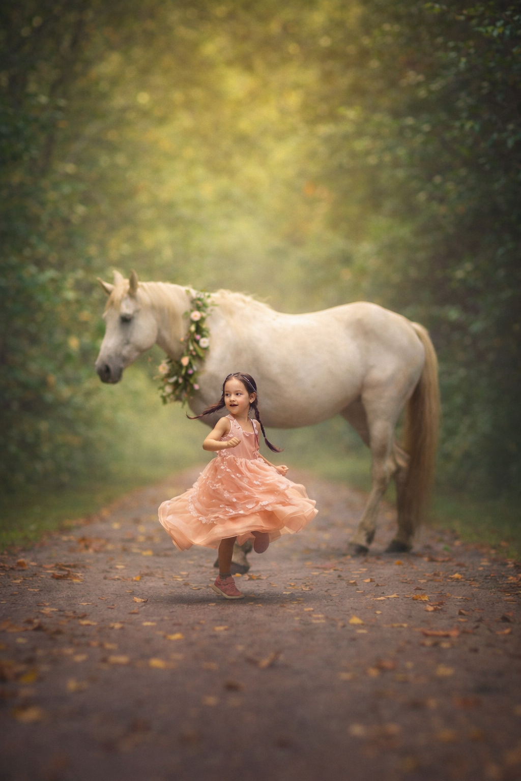 Little girl twirling in a flowing dress beside a real unicorn on a forest path during an autumn fine art unicorn portrait session in New Jersey.