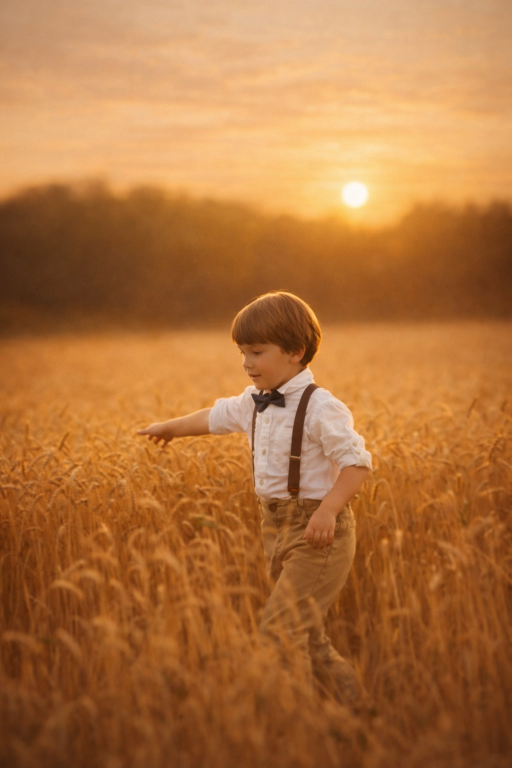 A young boy walking through a wheat field during a fine art children’s portrait session, surrounded by warm, natural tones.