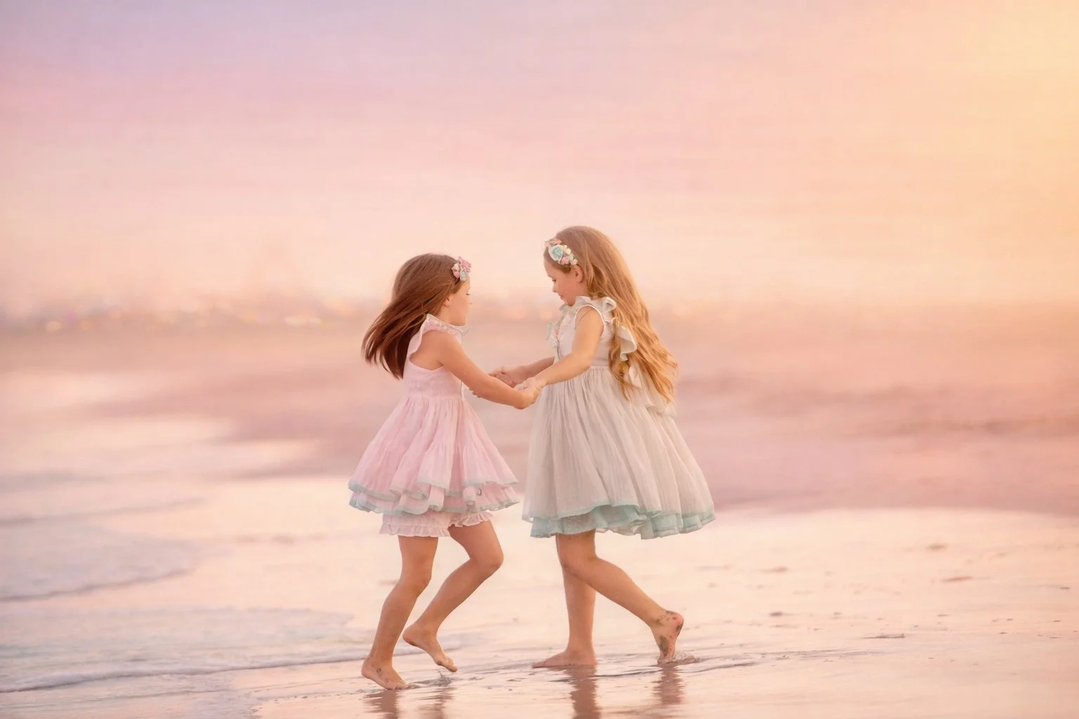 Sisters laughing and having fun together on the beach during a natural, candid child portrait session.