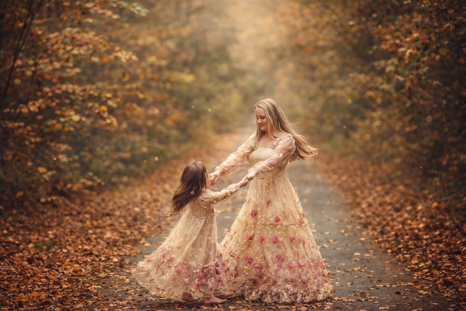 Mother and daughter twirling together in a fall forest, fine art family portrait with soft light and storytelling movement