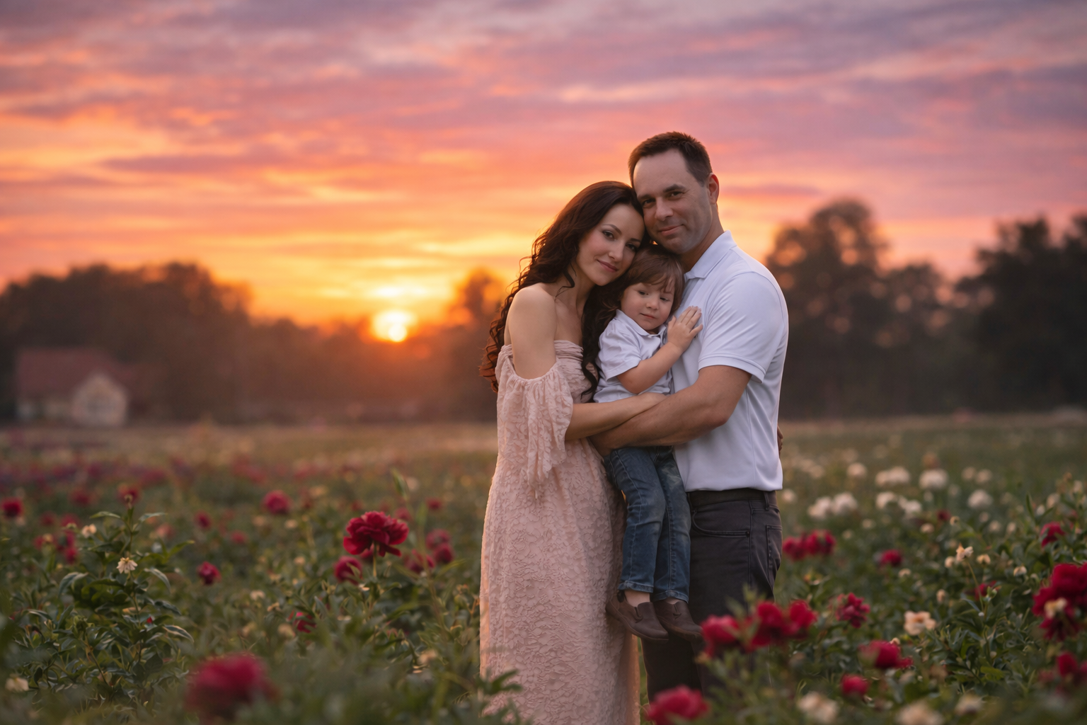 South Jersey family portrait of mom, dad, and son in a peony field at sunset.