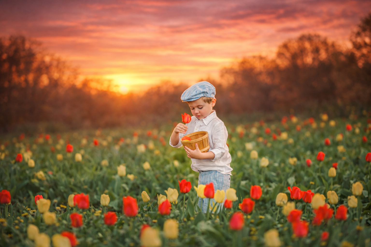 A little boy picking tulips during a spring mini session in the Philadelphia area, creating a timeless portrait filled with color, curiosity, and the joy of the season.