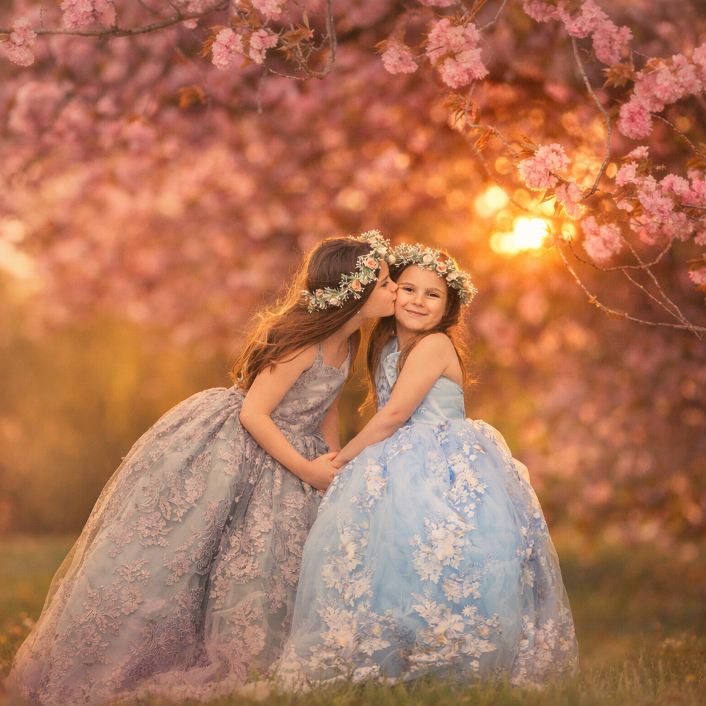 Two sisters sharing a sweet moment during a spring outdoor mini session surrounded by blooming trees