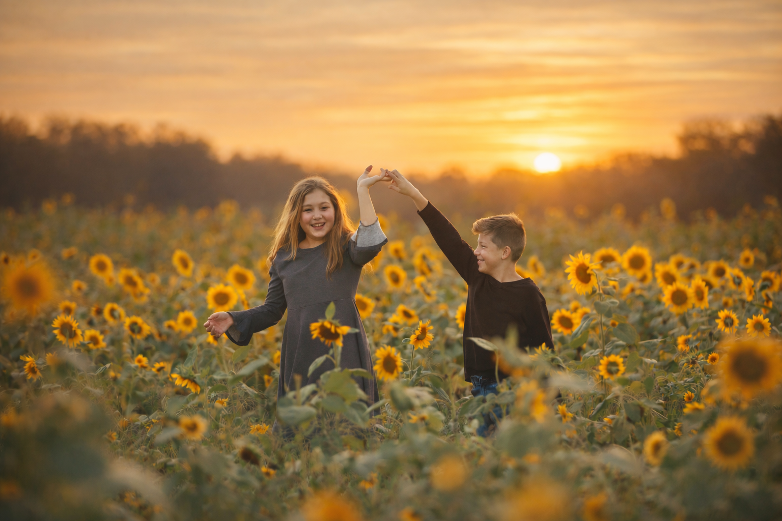 Siblings holding hands and twirling together ina. sunflower field at sunset during a fine art portrait session in South Jersey