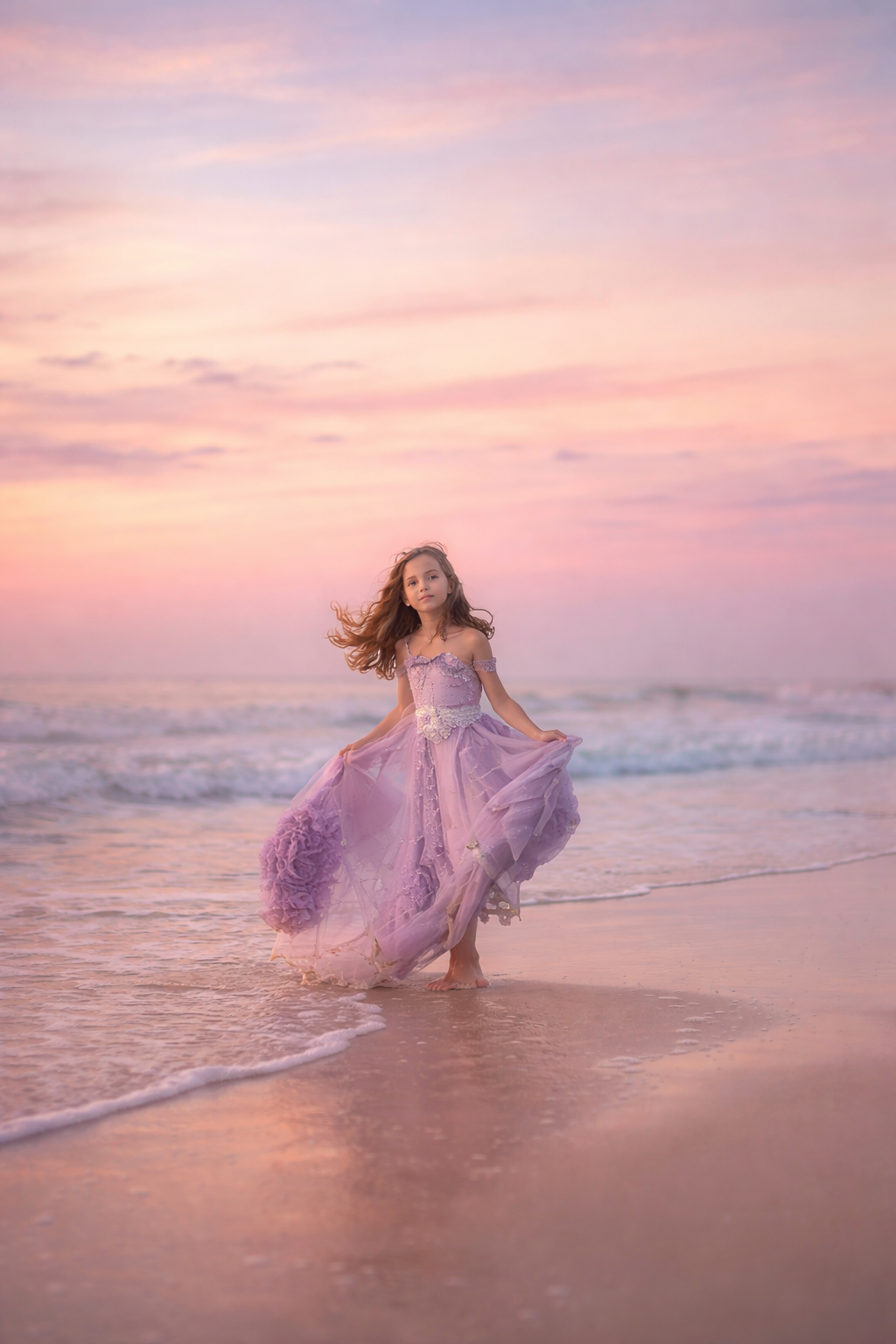 Fine art child portrait in a flowing purple dress photographed on the beach in Ocean City, New Jersey during golden hour.
