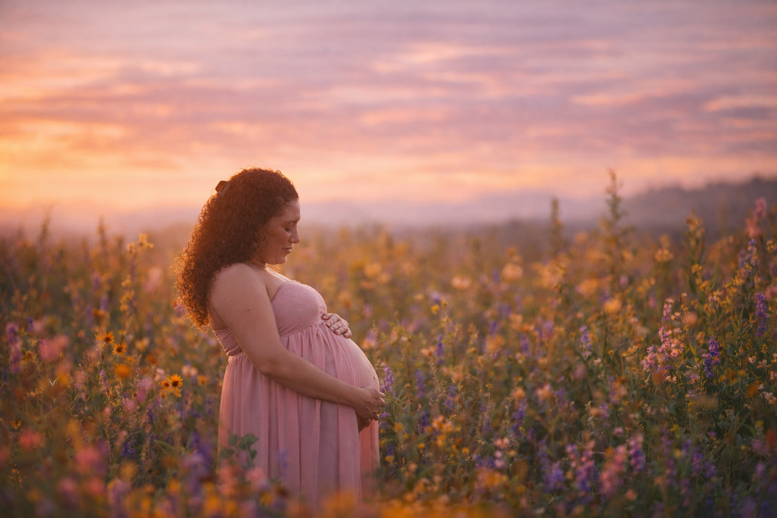 Fine art maternity portrait of an expectant mother standing in a wildflower filed at golden hour, photographed in South Jersey near Philadelphia