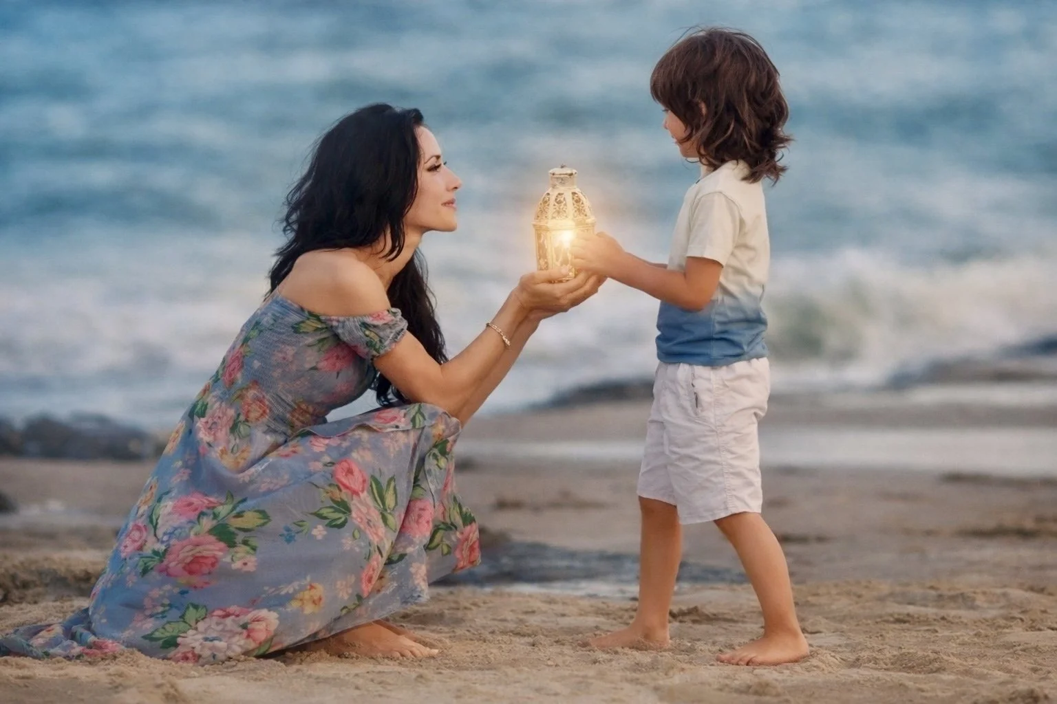 South Jersey family photographer capturing a mother and child on the beach at sunset with soft golden light.