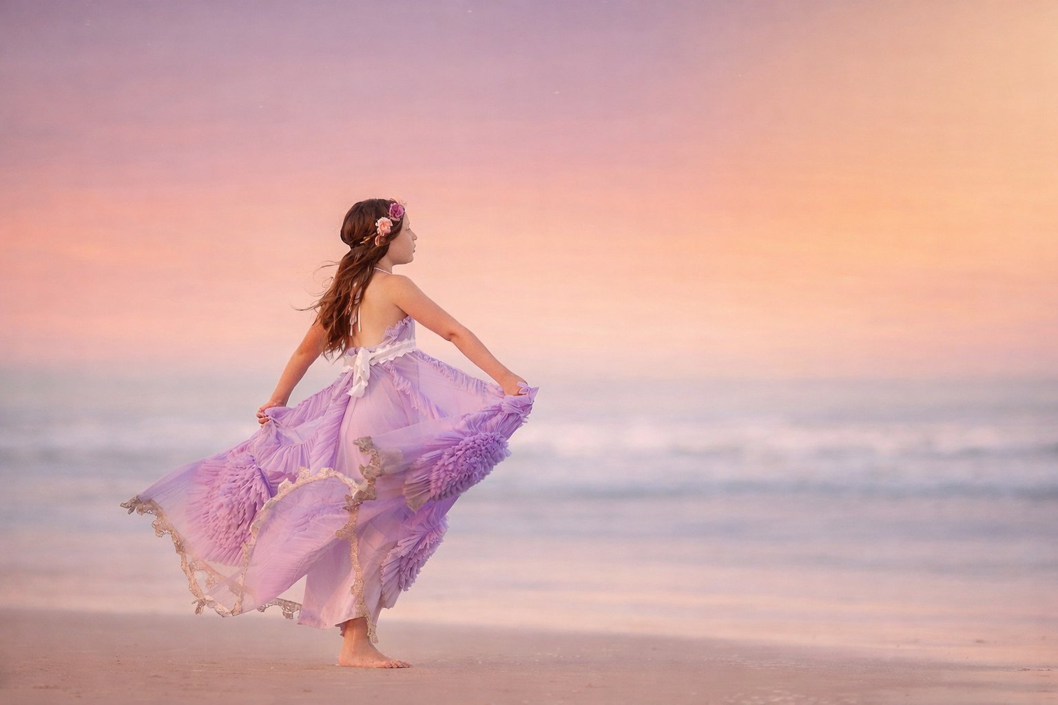 Vibrant child portrait of a young girl wearing a purple dress on the beach in Margate, New Jersey, photographed during a colorful Jersey Shore portrait session.