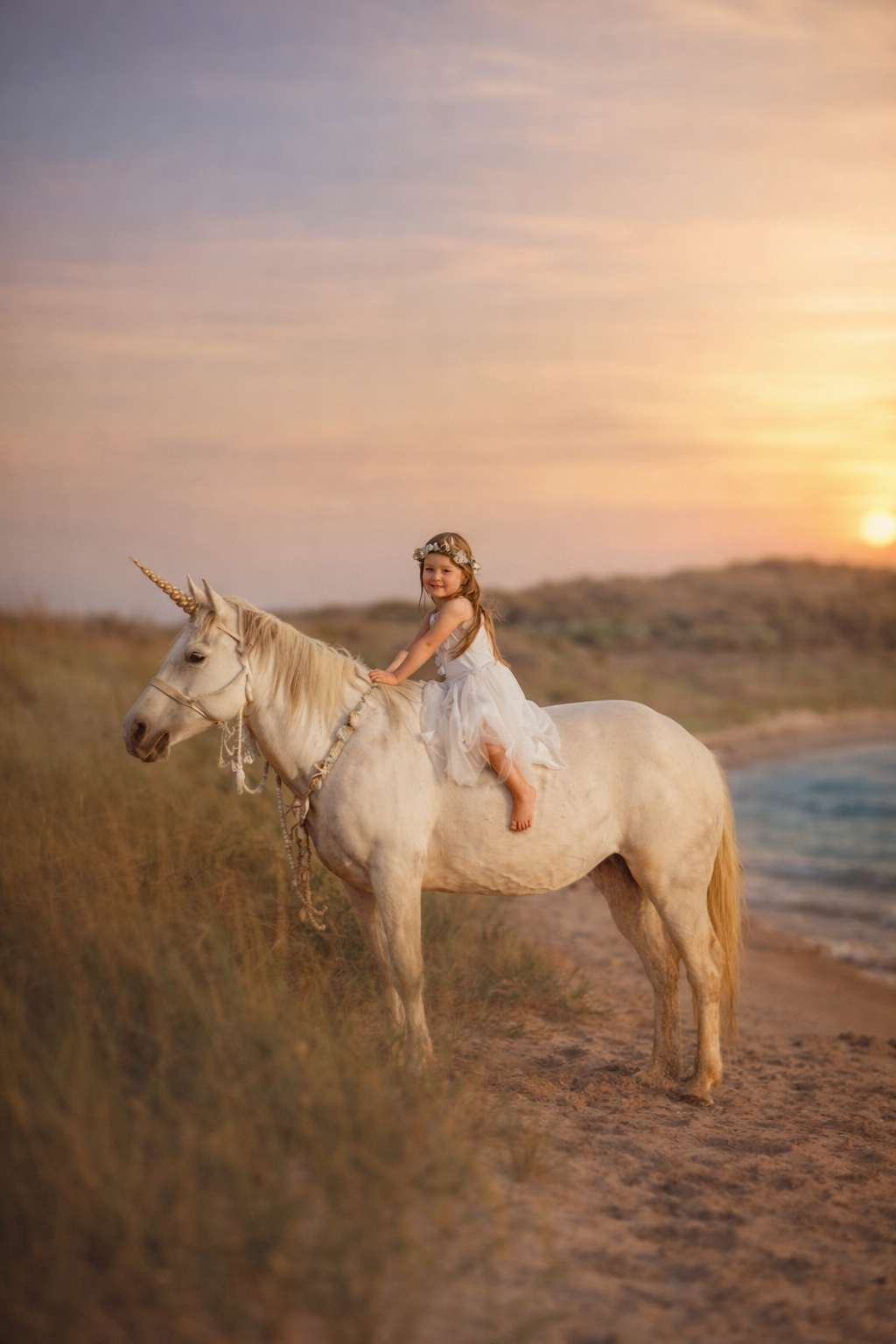 Fine art unicorn portrait photographed along the Cape May beach, featuring a child in a neutral gown with a real unicorn in warm coastal light.