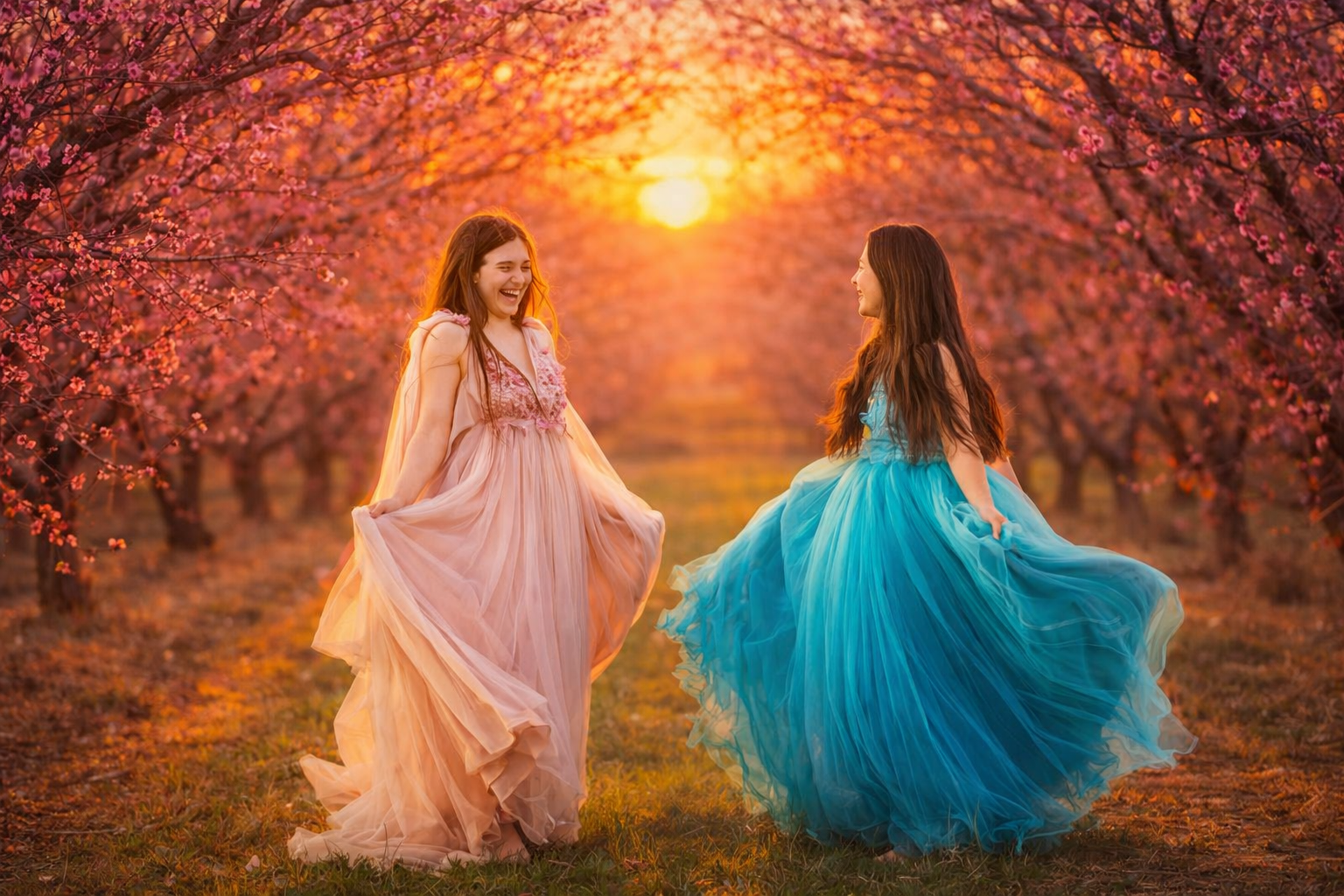 teens playing at sunset in the apple orchard in New Jersey