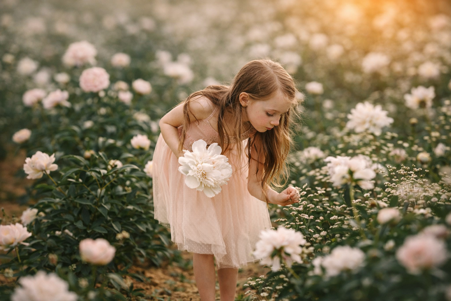 Girl picking flowers in field during South Jersey portrait session