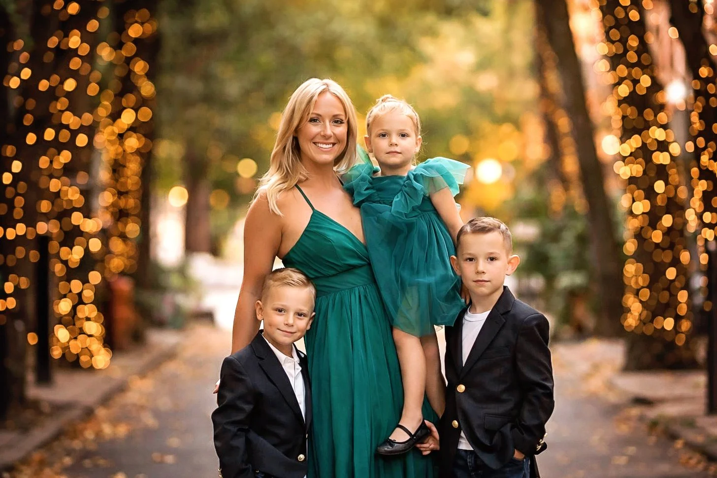 Family portrait on Addison Street in Philadelphia with mother holding daughter and two boys standing beside her, photographed by a Philadelphia family photographer.