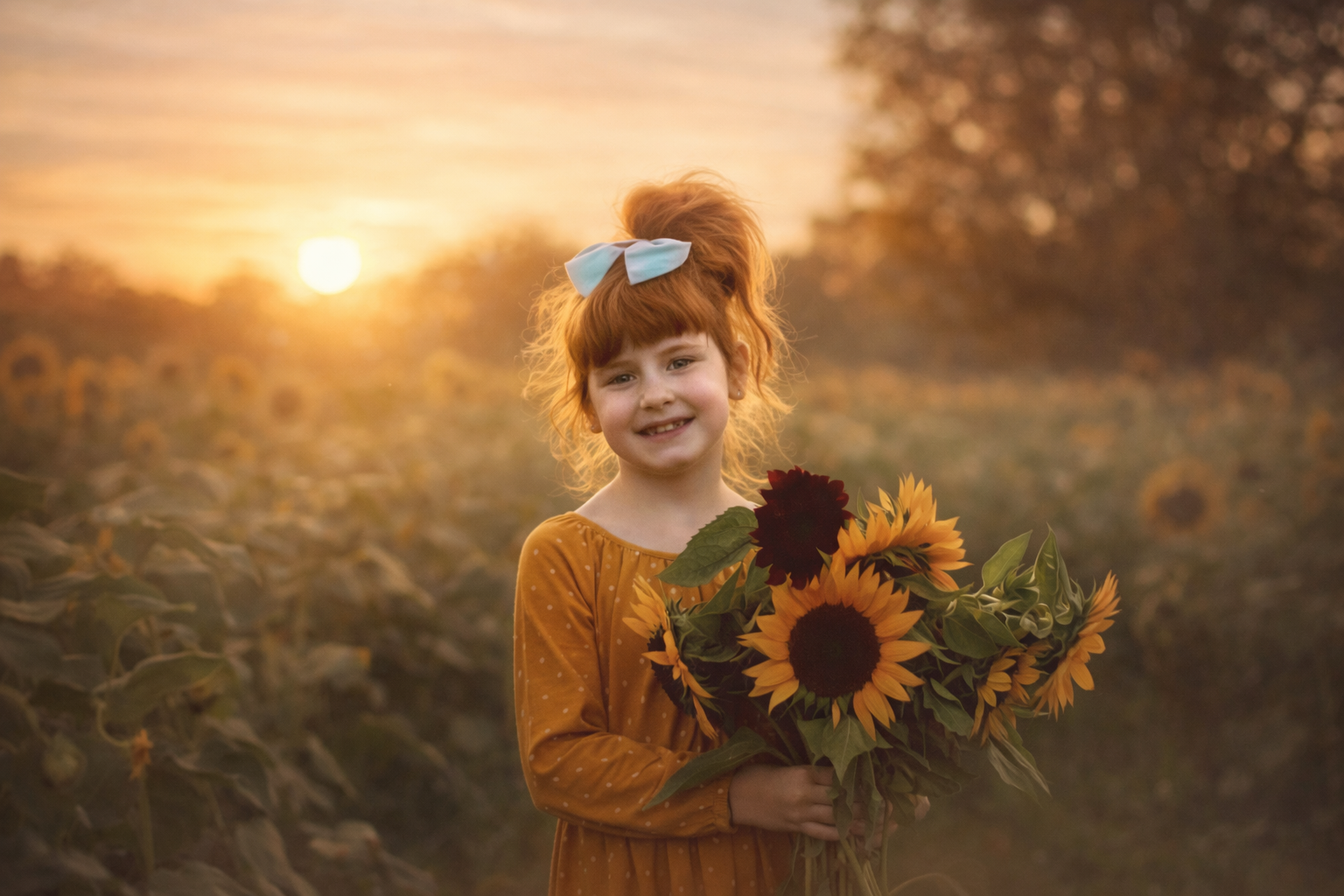 Smiling child holding sunflowers during a seasonal fine art photography session in warm golden hour light
