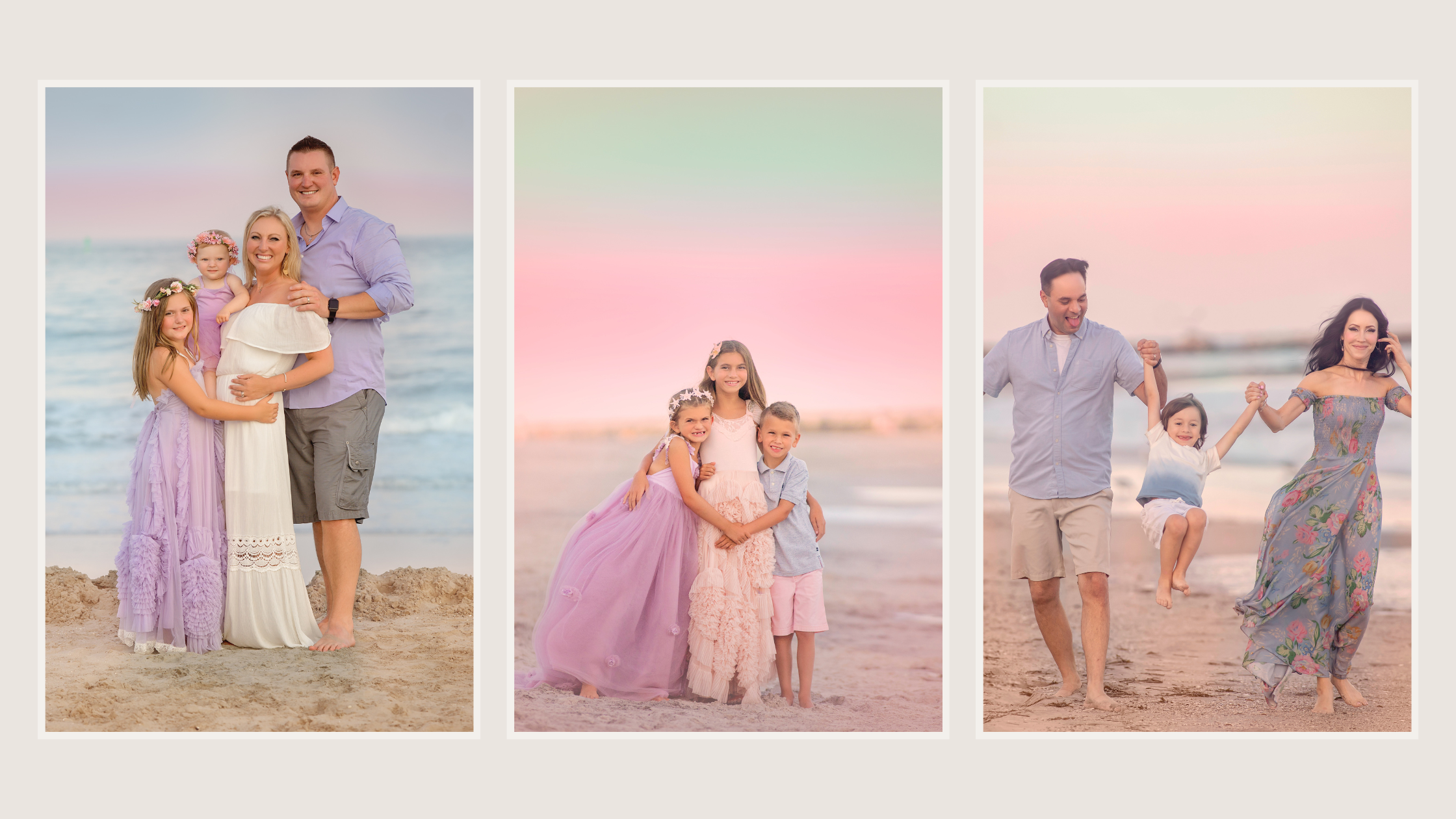 beautiful pastel tones of families in a collage from portraits taken from a South Jersey photographer