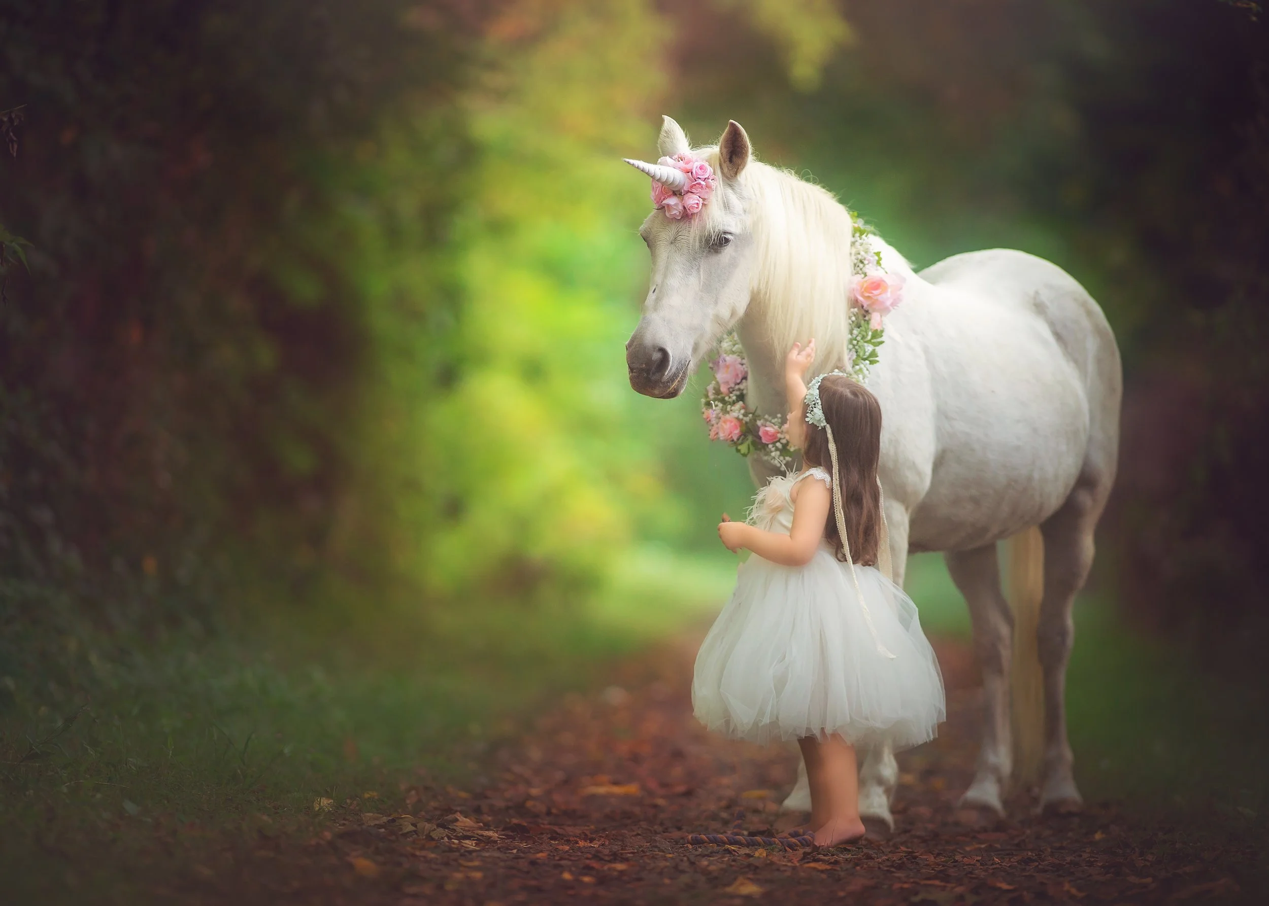 A fine art unicorn portrait highlighting quiet connection and trust between a child and unicorn, photographed during an intentionally, slow, child-led portrait experience. 