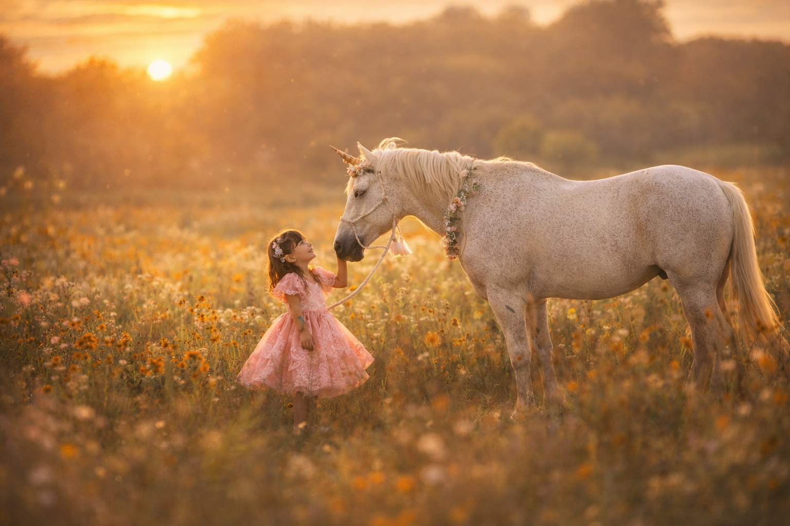 girl touching unicorn in the wildflowers of New Jersey for a custom unicorn session