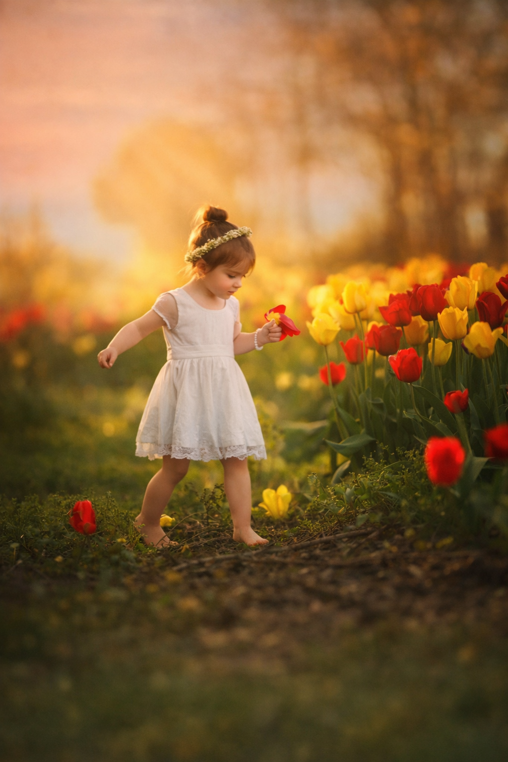Fine art children’s portrait of a little girl in a white dress walking through a spring tulip field in soft golden light, photographed outdoors in New Jersey.