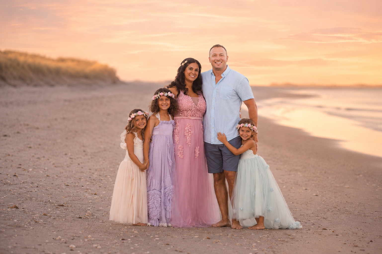 Family posing together on the beach during a sunset photography session in Sea Isle City, New Jersey.
