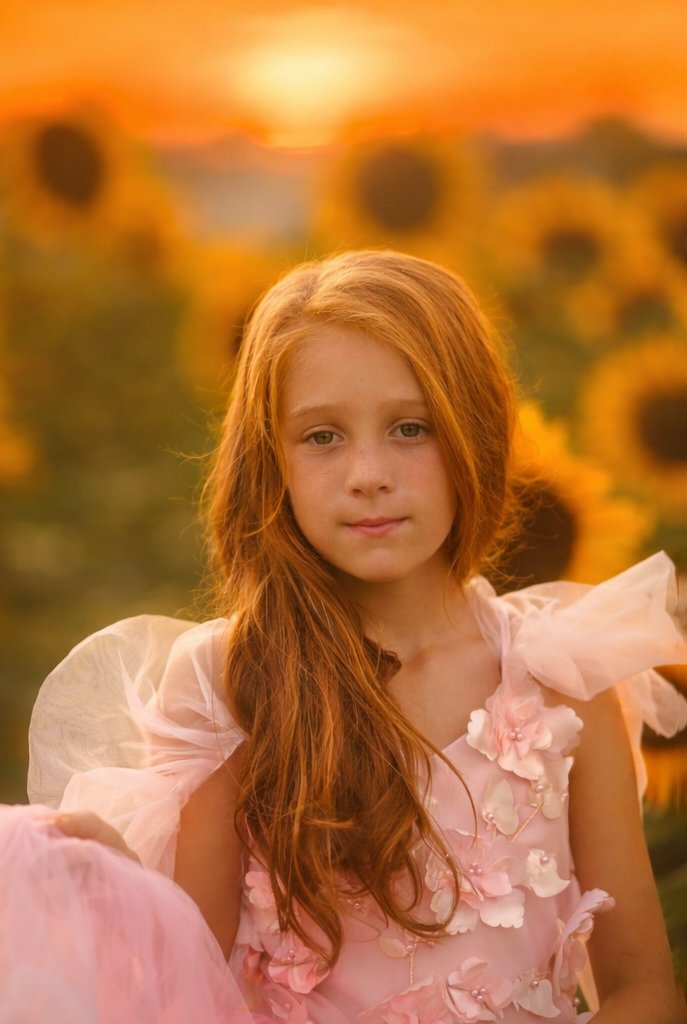 Close-up fine art portrait of a young girl in a pink dress surrounded by sunflowers, captured in soft sunset light during a New Jersey summer session.