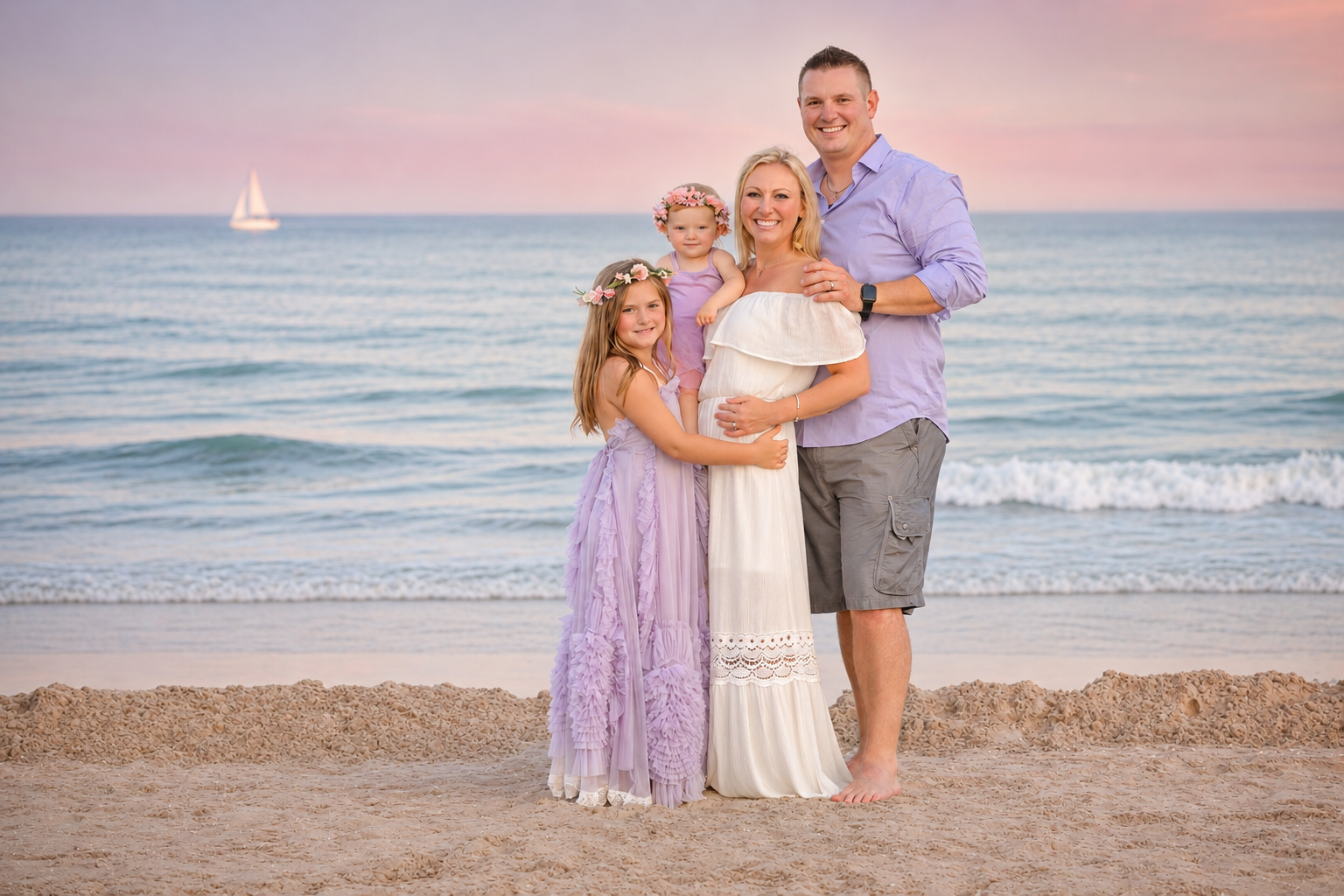 Family posed together on the beach with the Atlantic Ocean in the background during a sunset photography session in Ocean City, New Jersey.