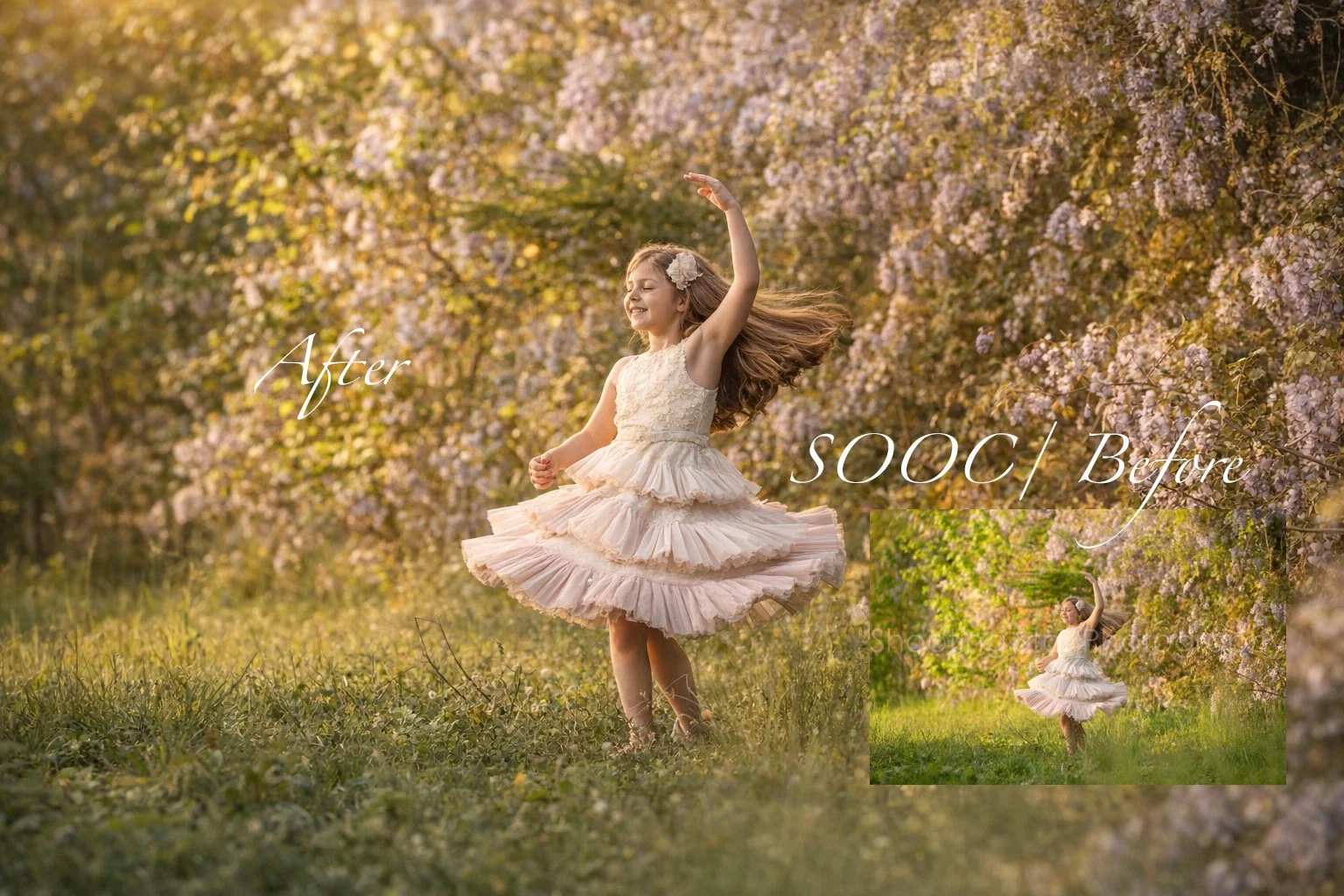 Young girl twirling beneath blooming wisteria during a vintage-inspired spring portrait session in South Jersey