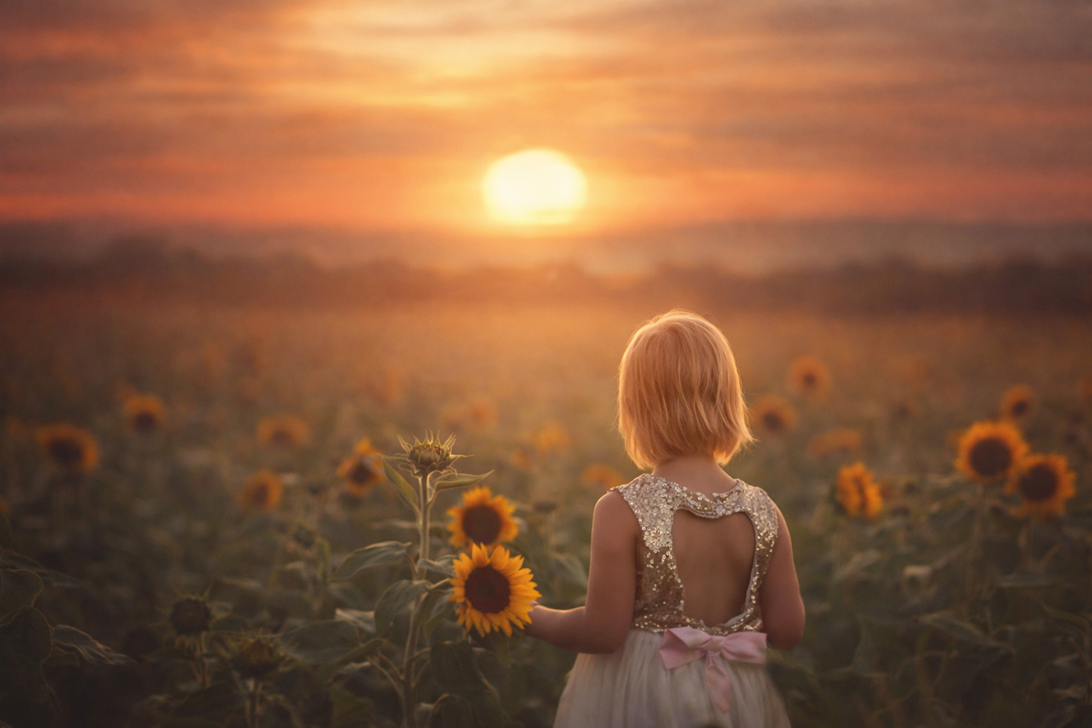 A young girl holding a sunflower at sunset during a fine art children’s portrait session in New Jersey.