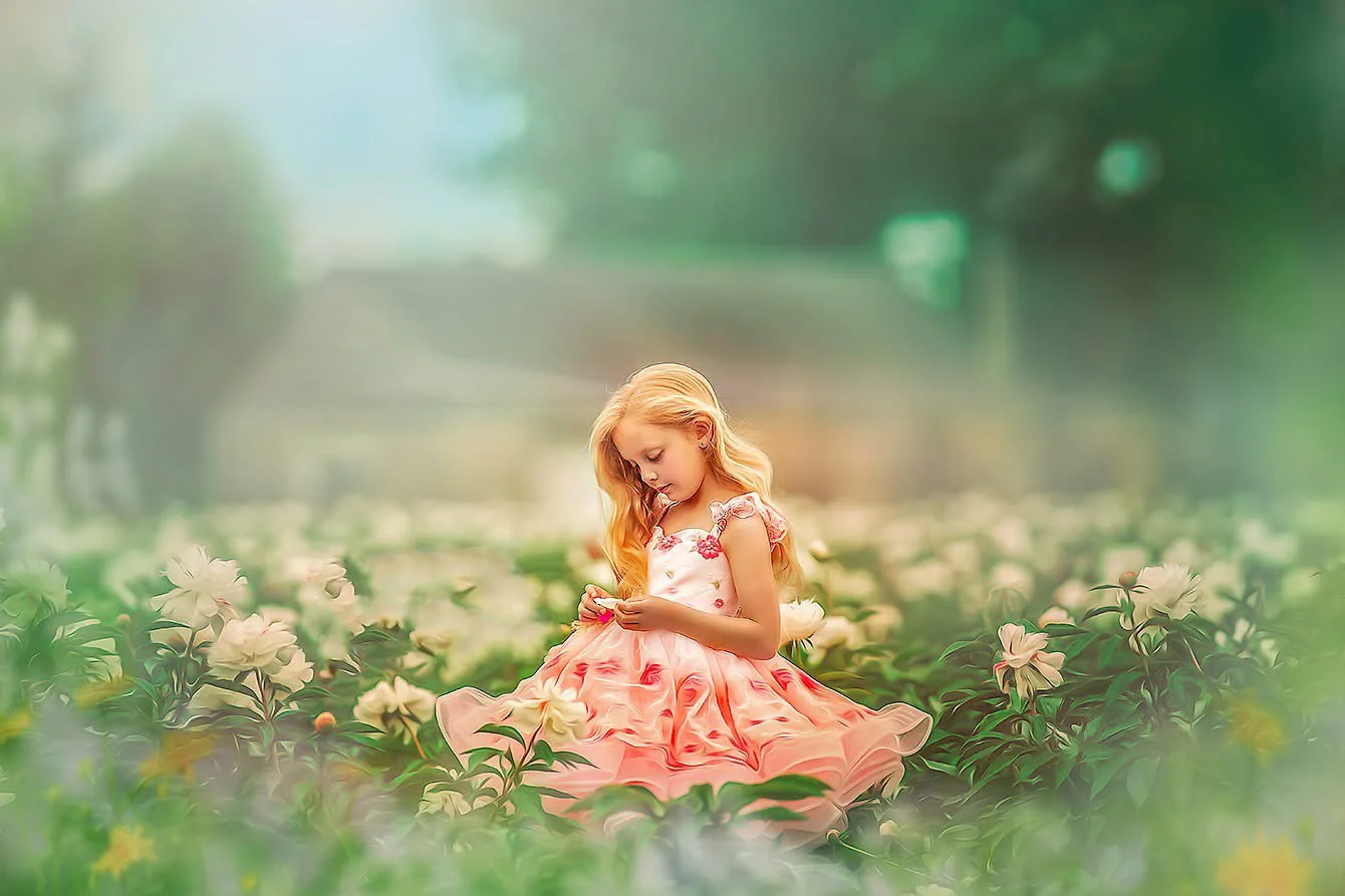 fine art portrait of a child holding her dress while standing in a peony field in New Jersey