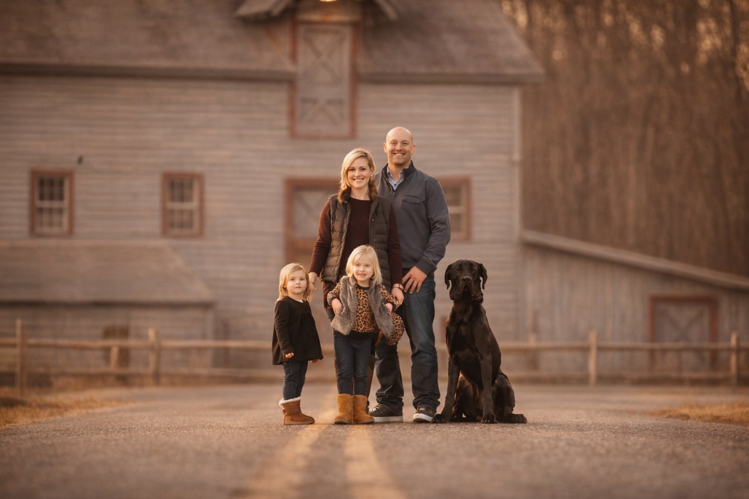 Family posing in front of a blue historic mill during a fall portrait session with a South Jersey family photographer