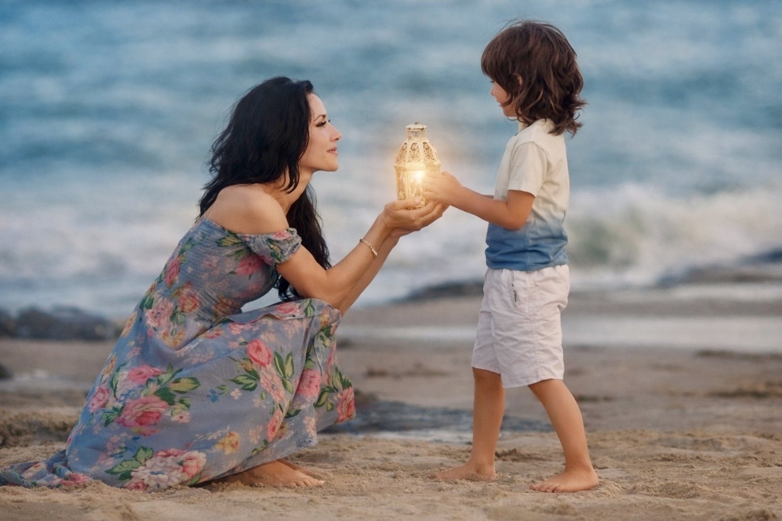 A quiet, intimate moment as a mother and her child share a glowing lantern by the water, creating a calm and timeless beach portrait.