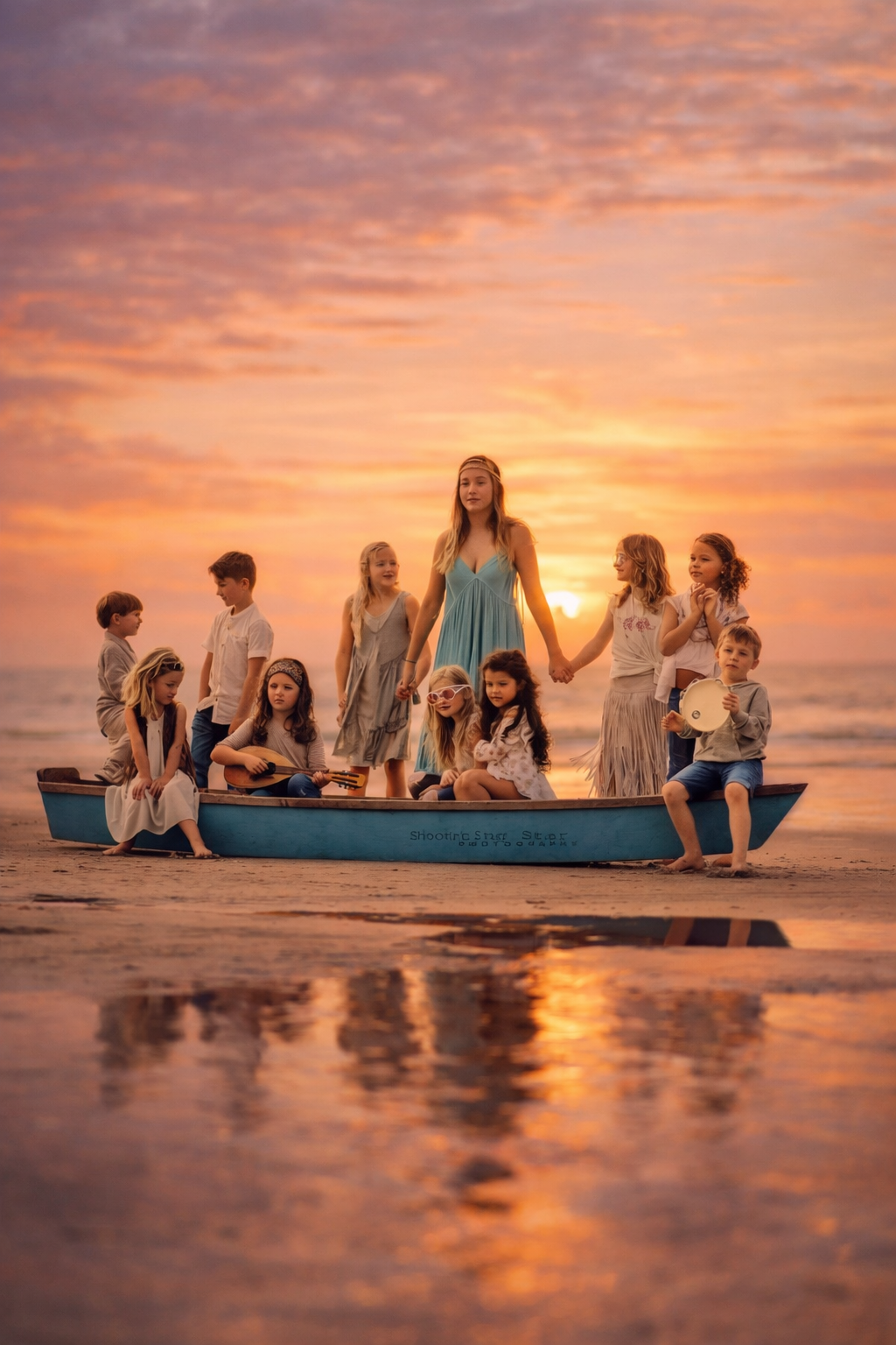 A group of children sit together in a small boat along the shoreline during a dramatic Jersey Shore sunset.