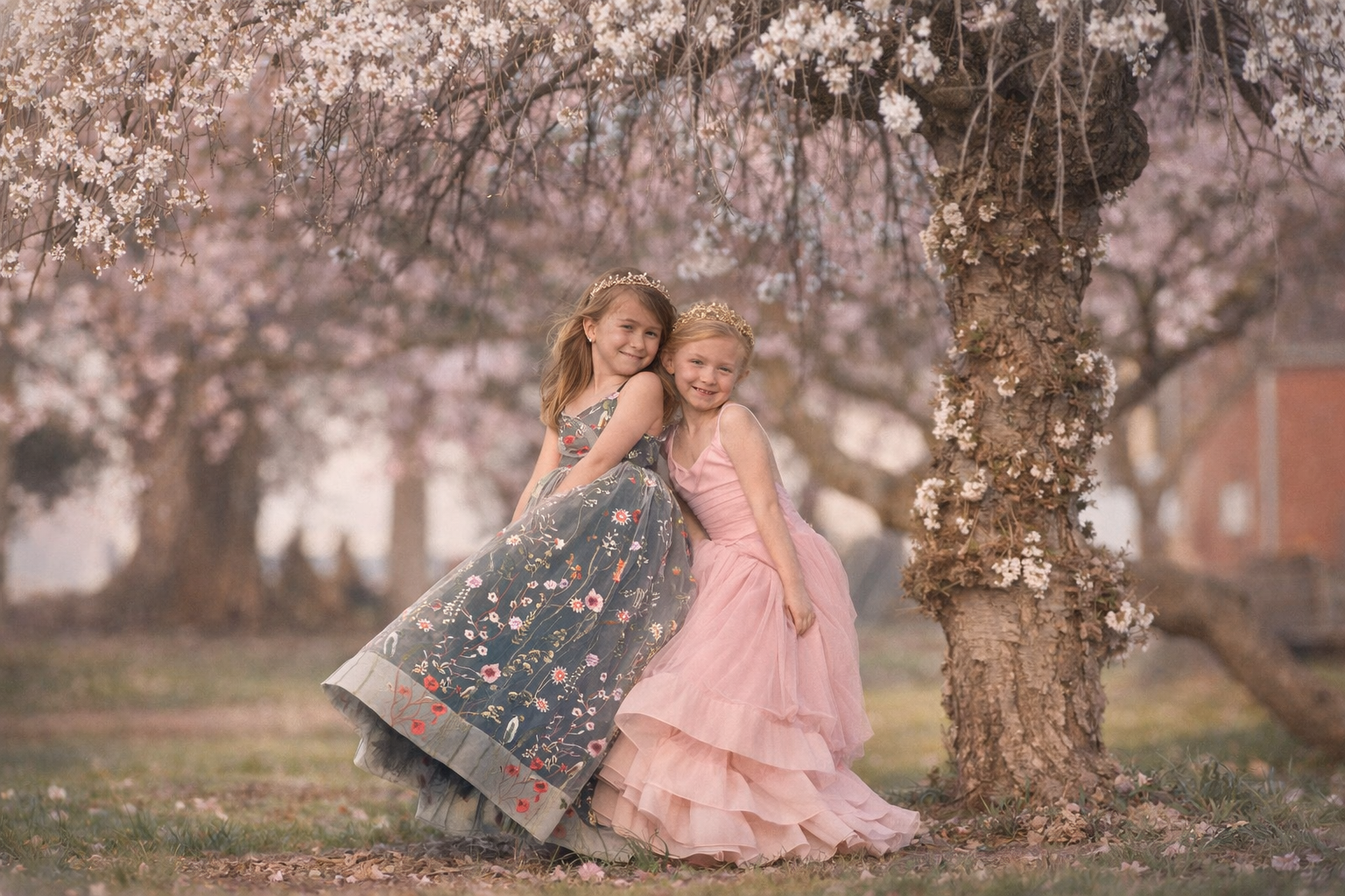 two girls smiling together under cherry blossom tree in Philadelphia spring session