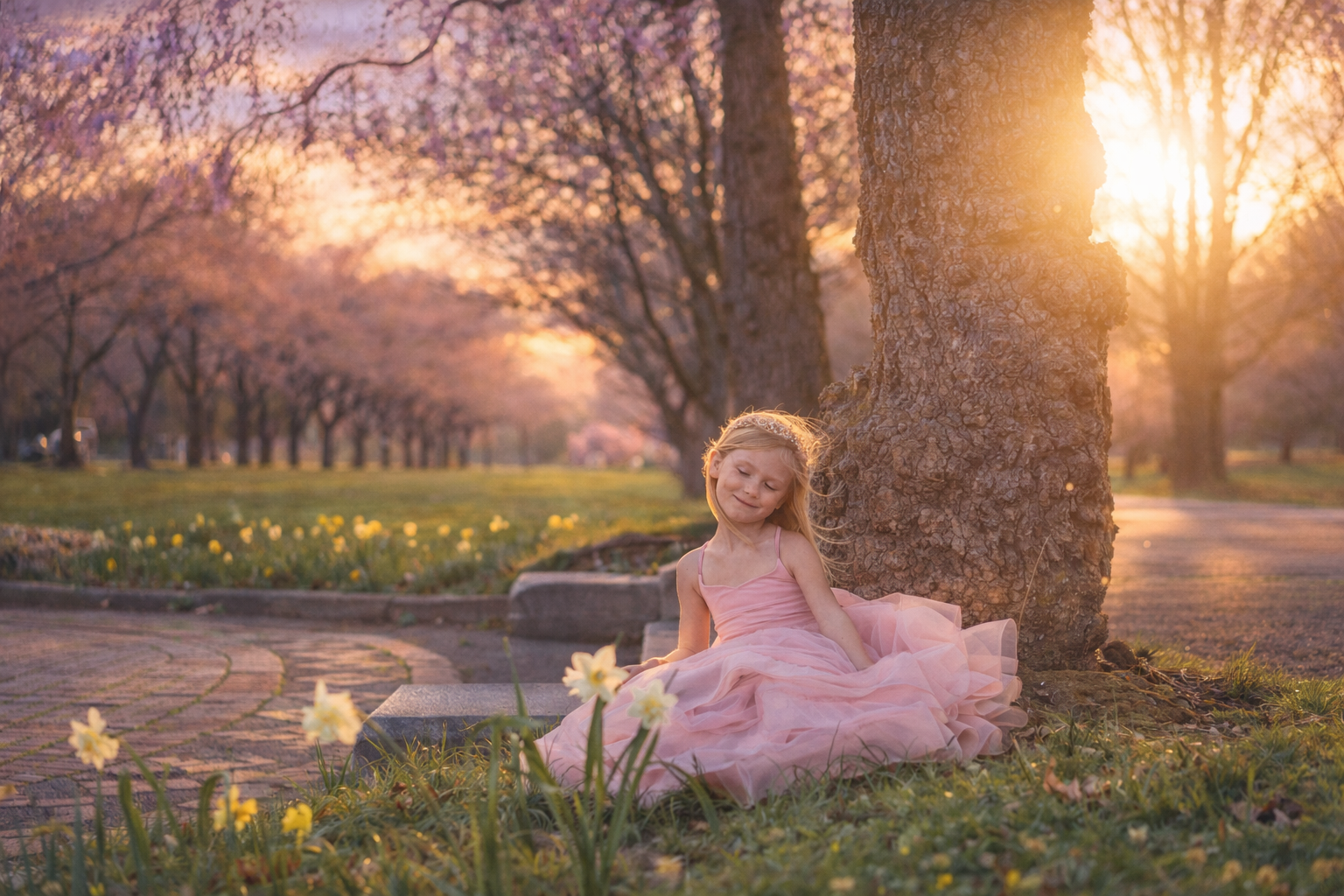 girl in soft sunset light surrounded by spring blooms in Philadelphia portrait session