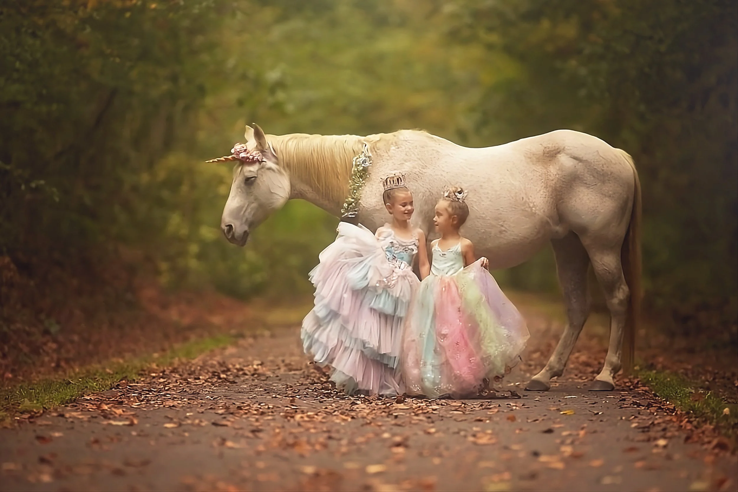 Girls twirling in rainbow dresses during magical unicorn portraits in New Jersey