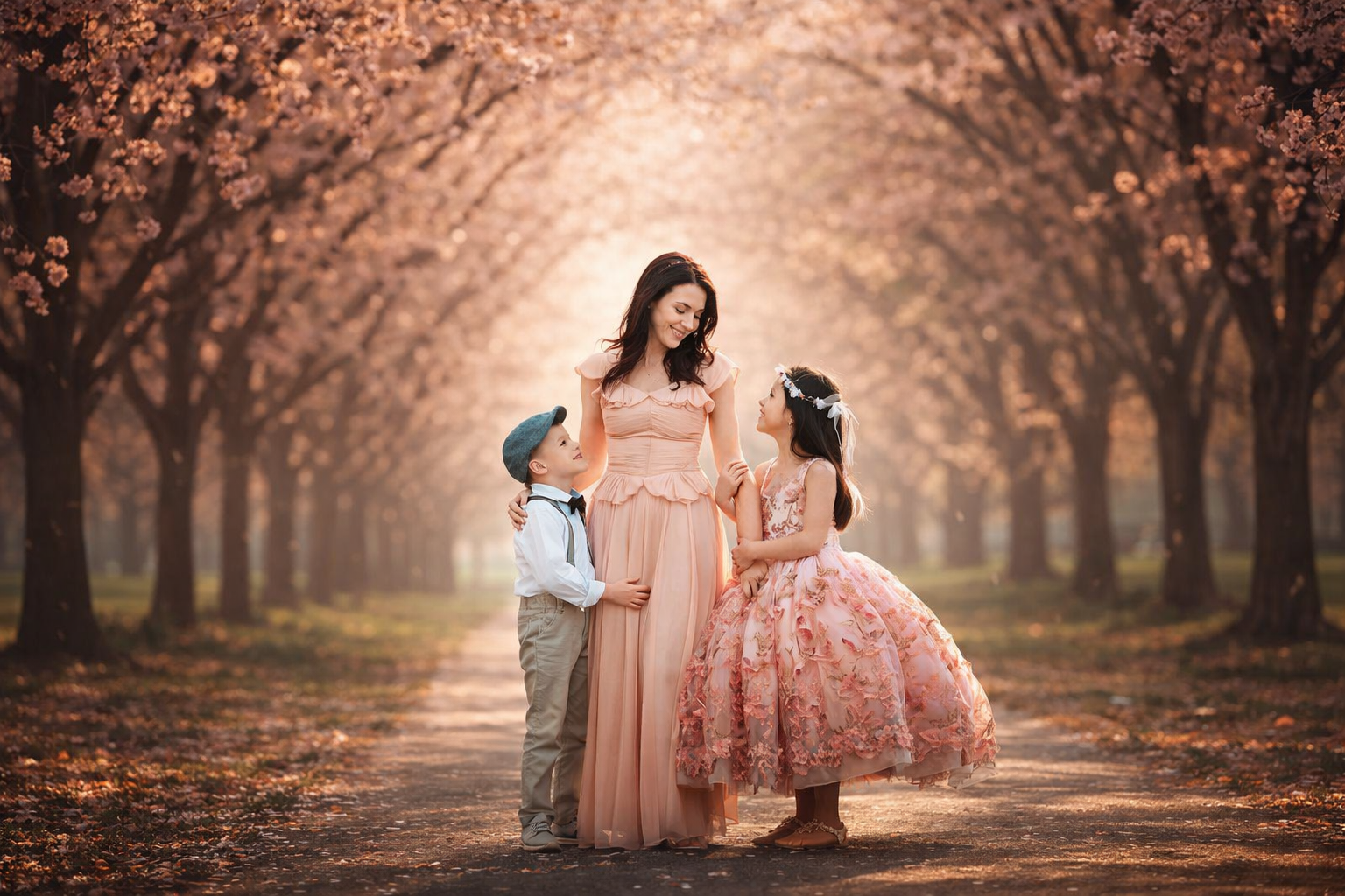 Mom and her two children posing in Fairmount Park underneath the Cherry Blossoms