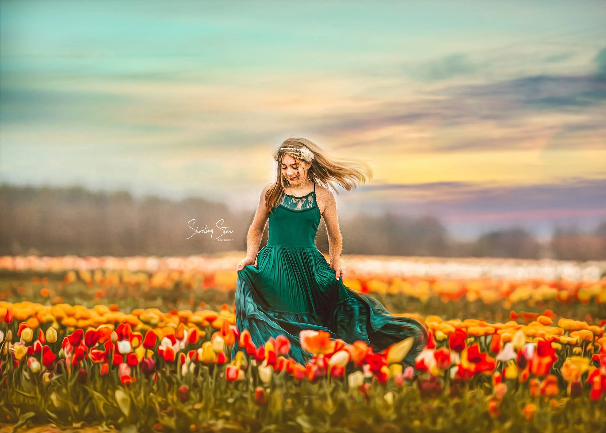 Girl twirling in a tulip field at Dalton Farms in South Jersey during a spring portrait session