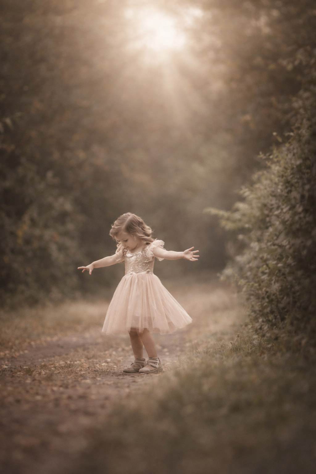 Heirloom-style child portrait of a little girl ina flowing dress standing in soft forest light during a fine art family photography session in South Jersey