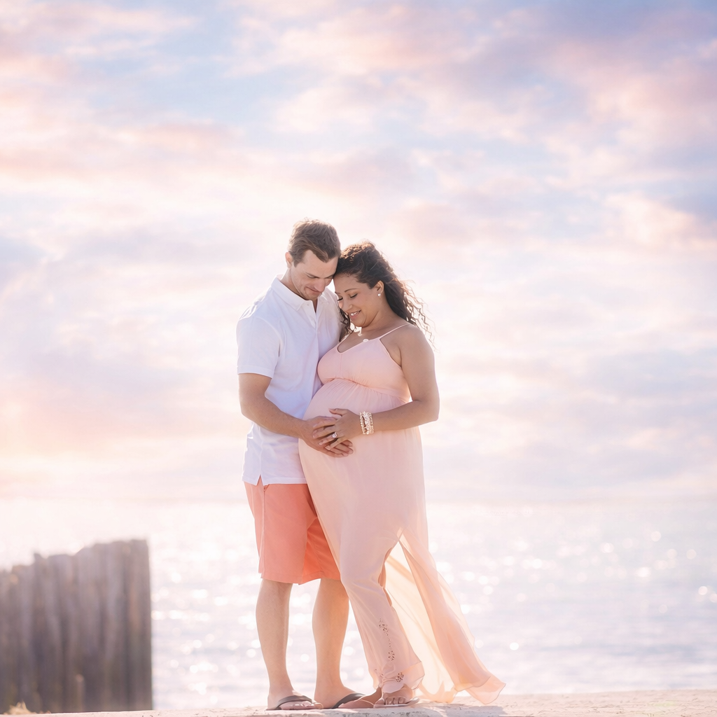 expecting coulple standing together on the beach at sunset during a natural maternity portrait session photographed by a South Jersey maternity photographer