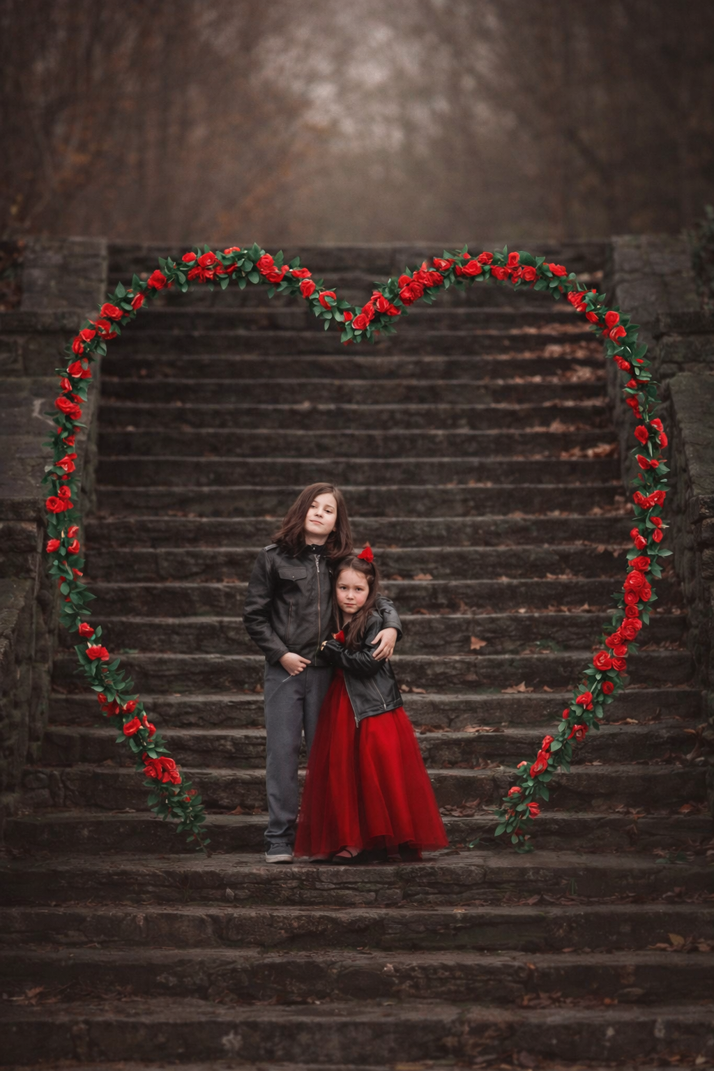Two children posing together inside a heart-shaped floral backdrop during a Valentine’s Day portrait session in Collingswood, New Jersey by a fine art children’s photographer.