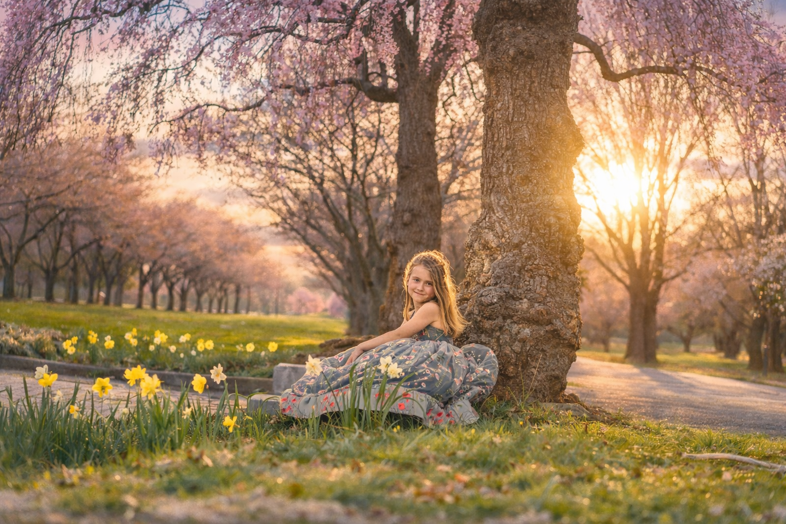 girl sitting under cherry blossom tree in Fairmount Park Philadelphia with soft spring blooms