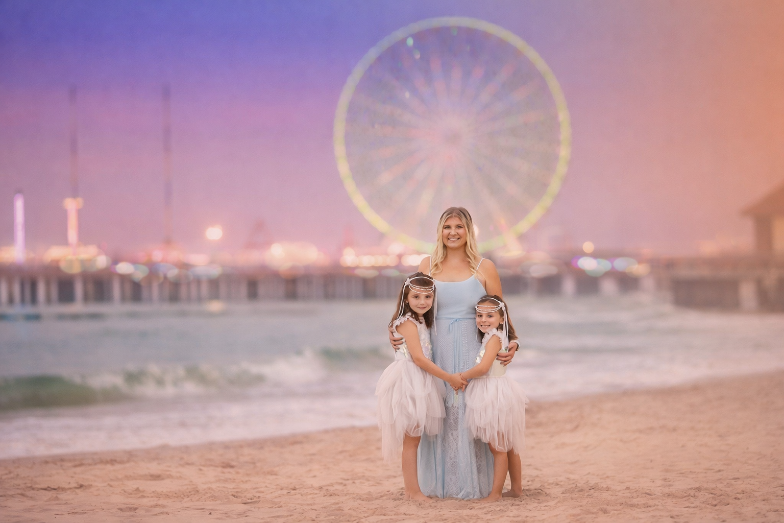 A mother kneels with her two daughters on the beach as the Atlantic City Ferris wheel glows softly behind them.