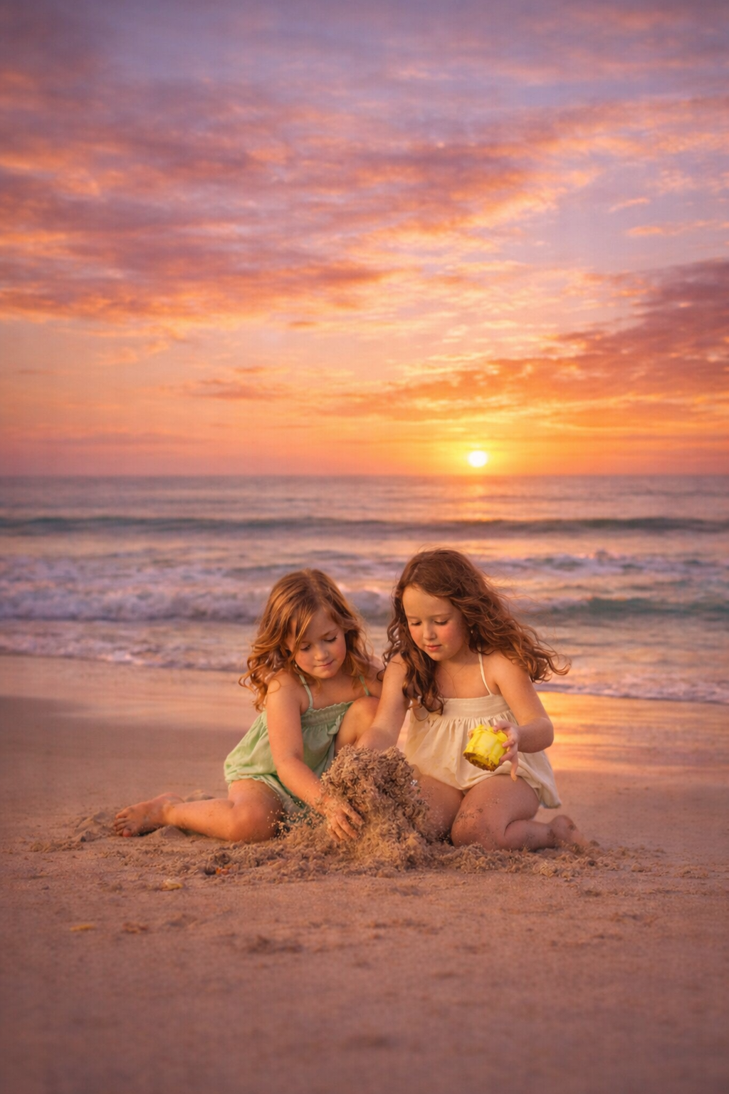 Two young children playing in the sand at sunset on the beach in Avalon, New Jersey, during a summer family portrait session