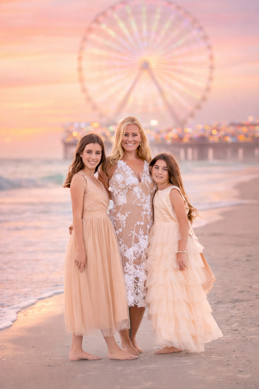Mother with her two daughters during a fine art beach portrait session in Atlantic City
