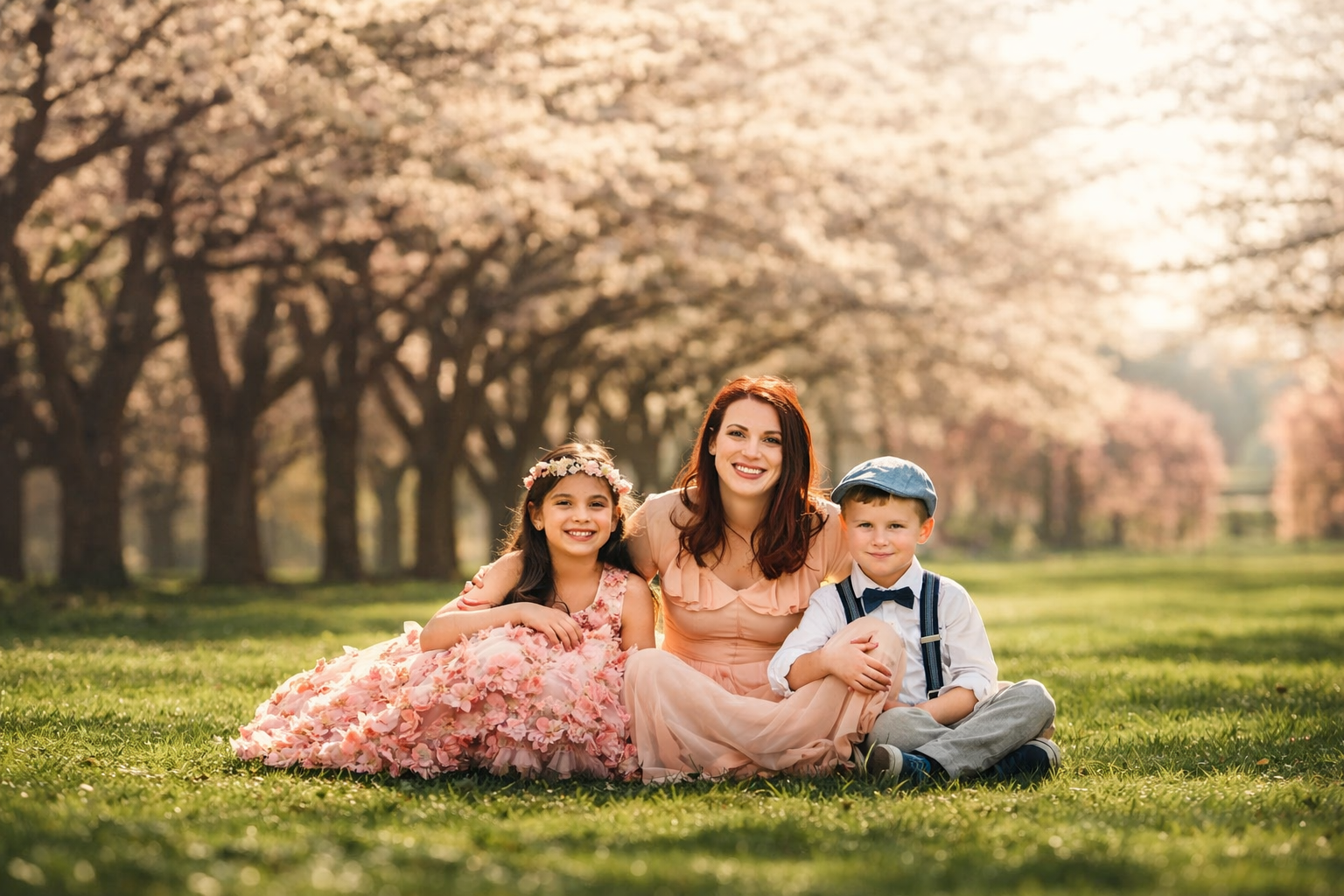 Mother sitting on the grass with her two children smiling during a portrait session in Fairmount Park in Philadelphia.
